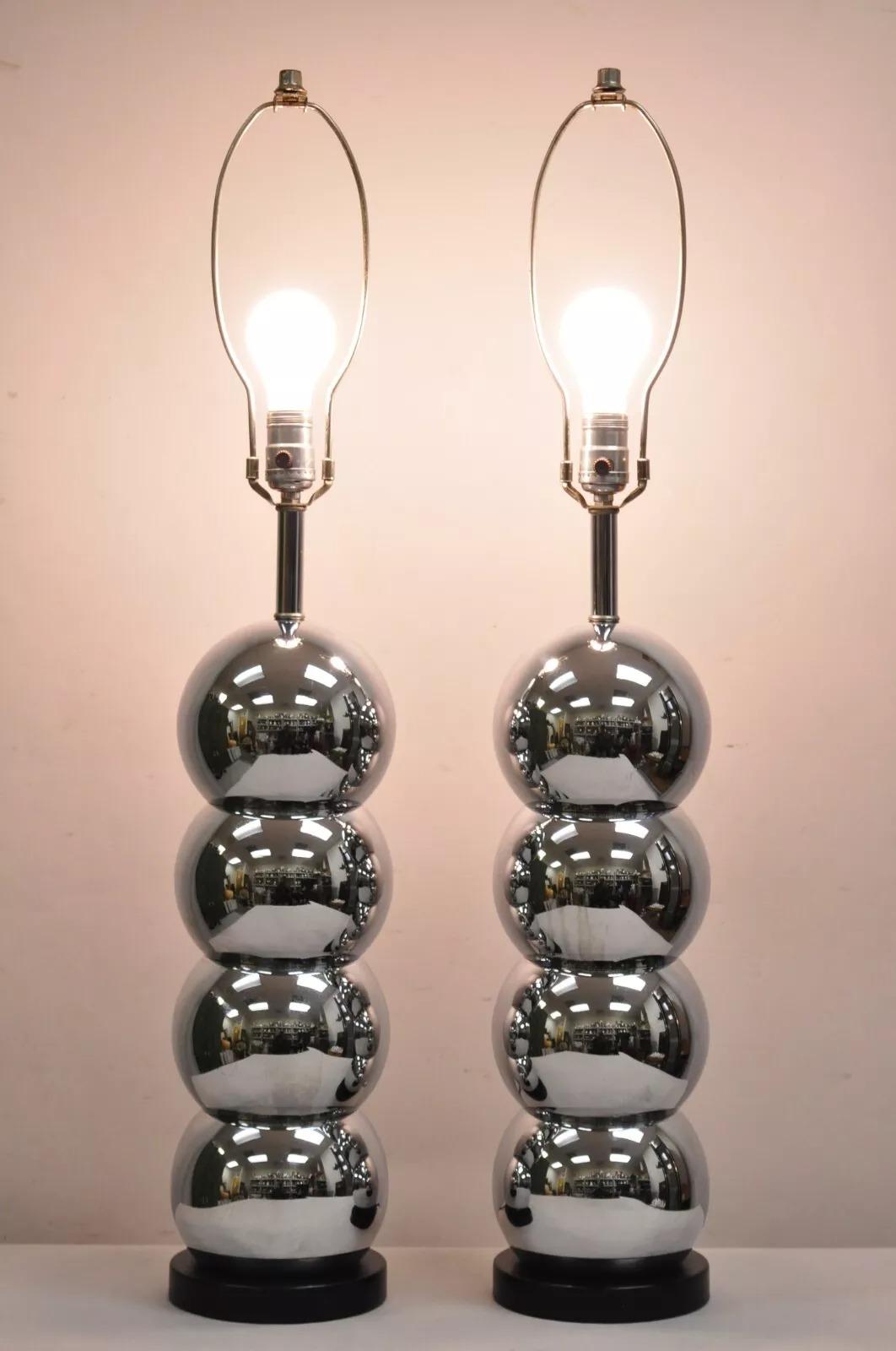 Vintage George Kovacs (attr.) Mid Century Modern Chrome 4 Stacked Ball Table Lamps - a Pair. Circa Mid 20th Century. Measurements: 34