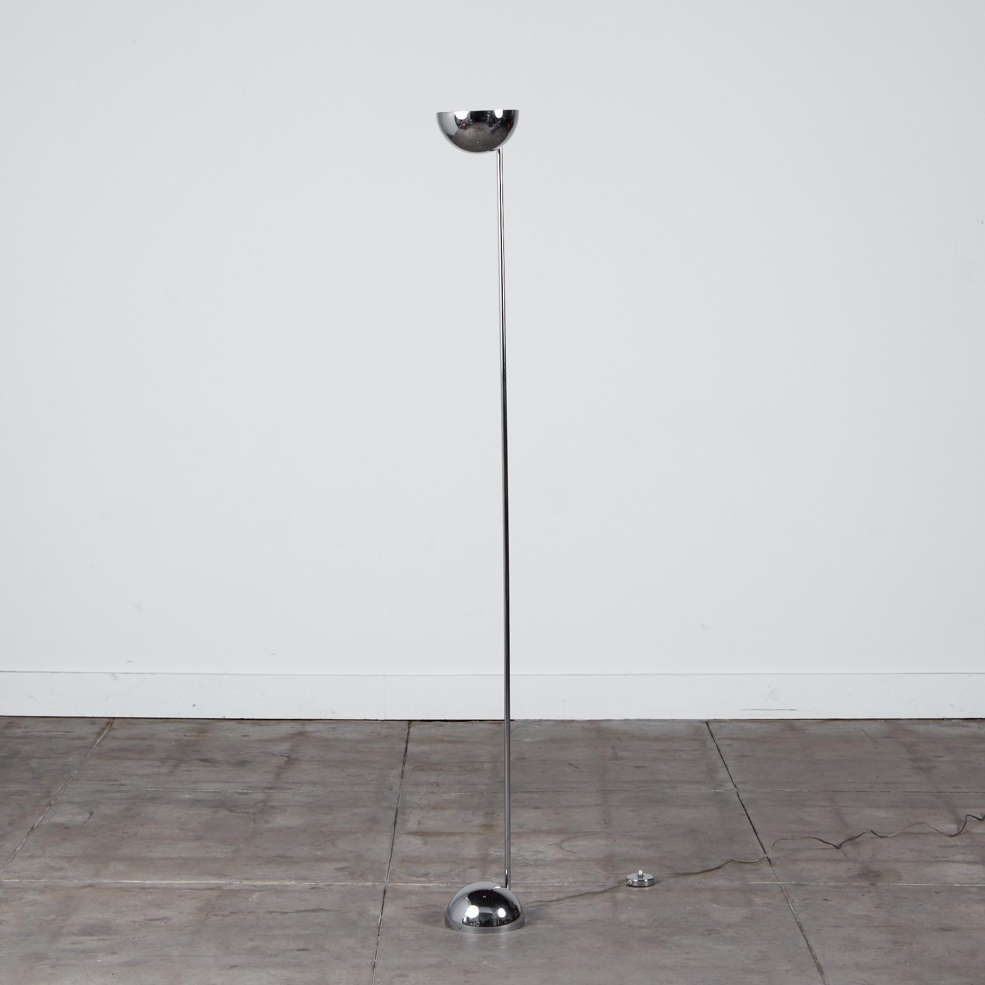 Postmodern torchiere floor lamp by George Kovacs in a polished chrome metal finish. The lamp uses an exposed half-sphere as both its base and shade and held together but a long thin stem. The lamp retains its original wiring.

George Kovacs is one