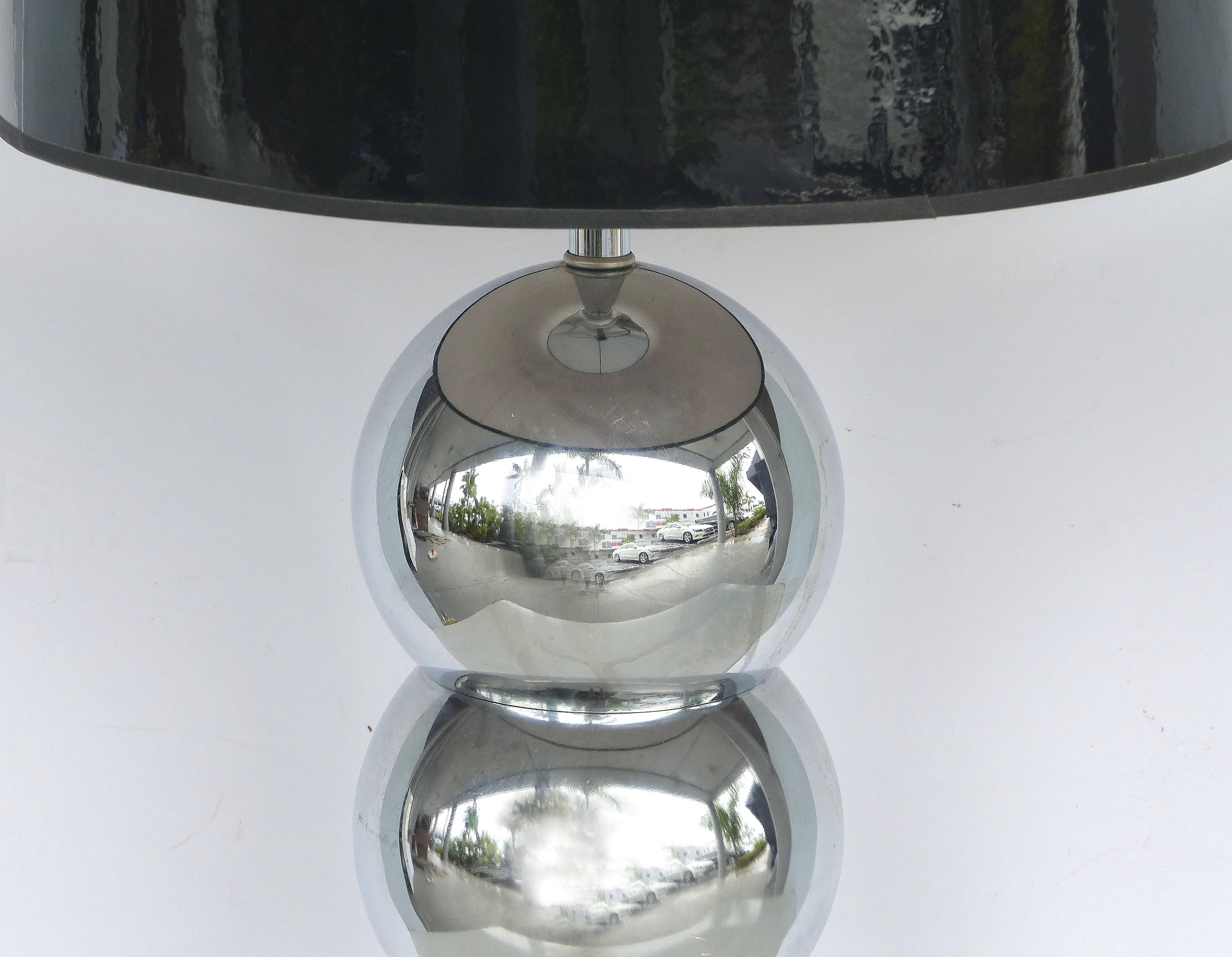 George Kovacs Stacked Ball Table Lamps with Gloss Shades, Pair

Offered for sale is a pair of George Kovacs stacked ball lamps in chrome with dramatic tall gloss black paper drum shades. The chrome is in very good condition as are the shades. The