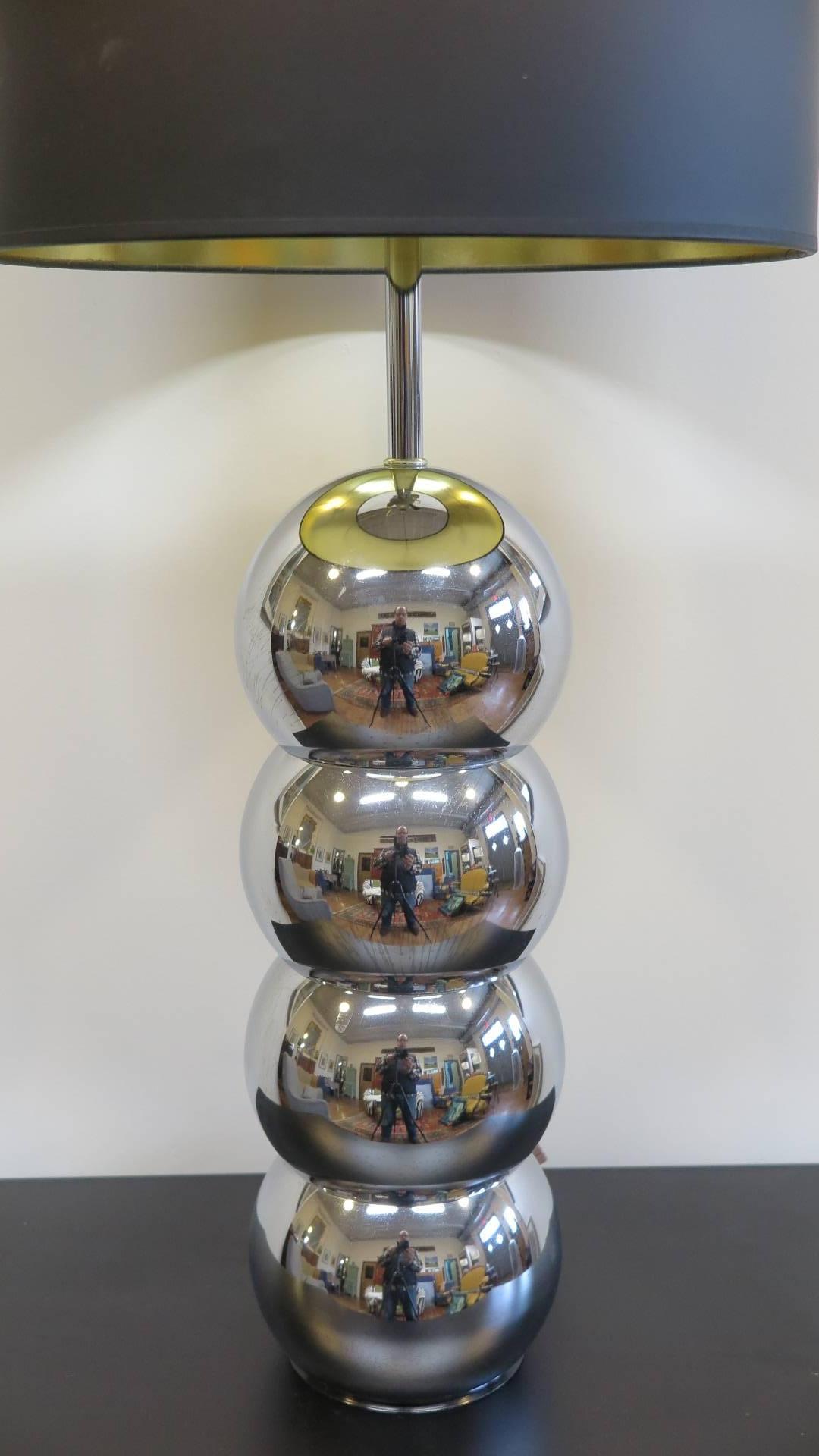 A George Kovacs stacked chrome sphere lamp, 1970. Very good condition
George Kovacs stacked chrome ball lamp, chrome ball lamp,
Current shade is 13 D.