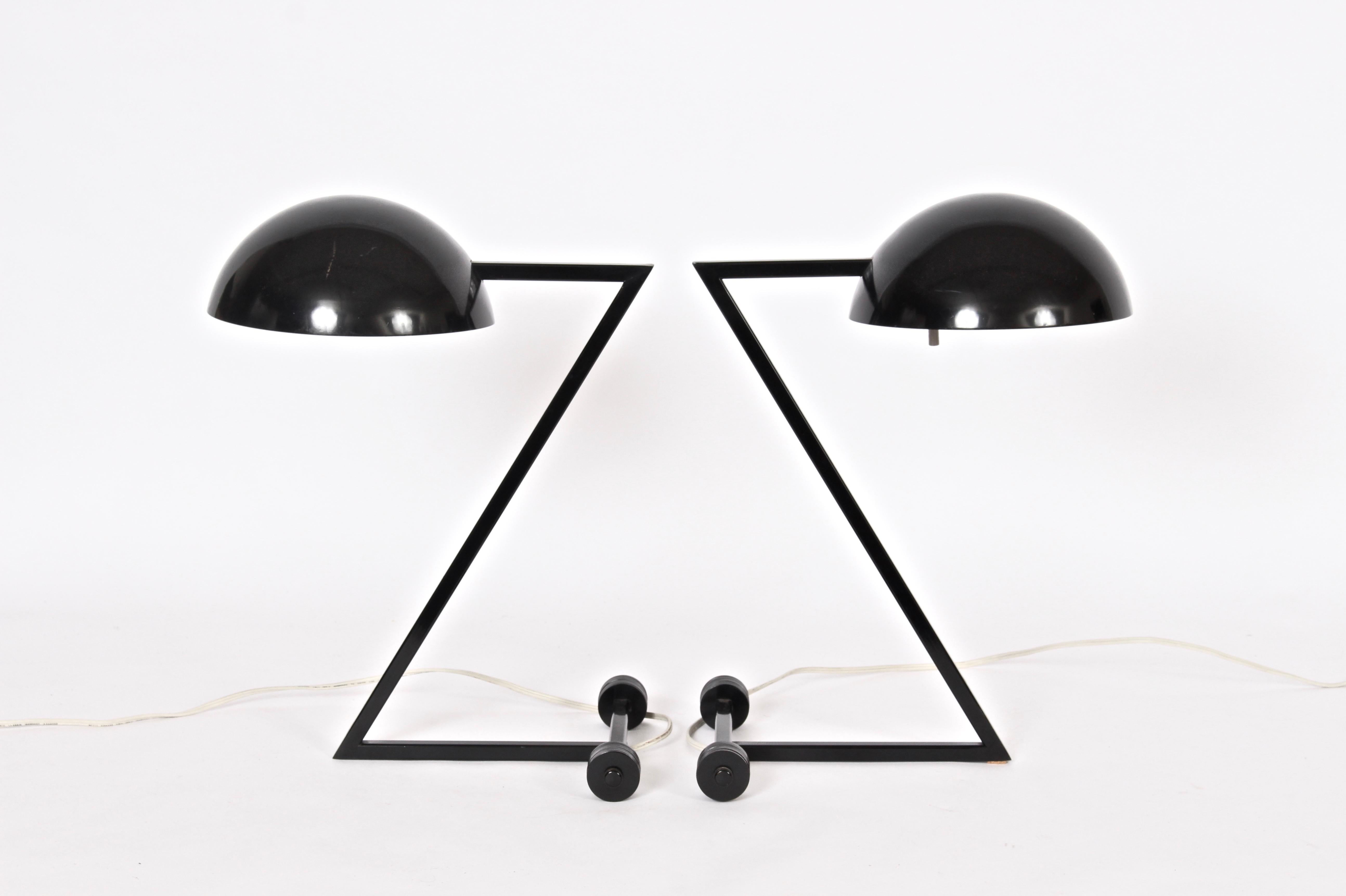 Single industrial modern George Kovacs style black table lamp. Finely designed Z form. Balanced. With barbell base. 8D shade. UL listed. Sold per piece. Pair available $1600.
  