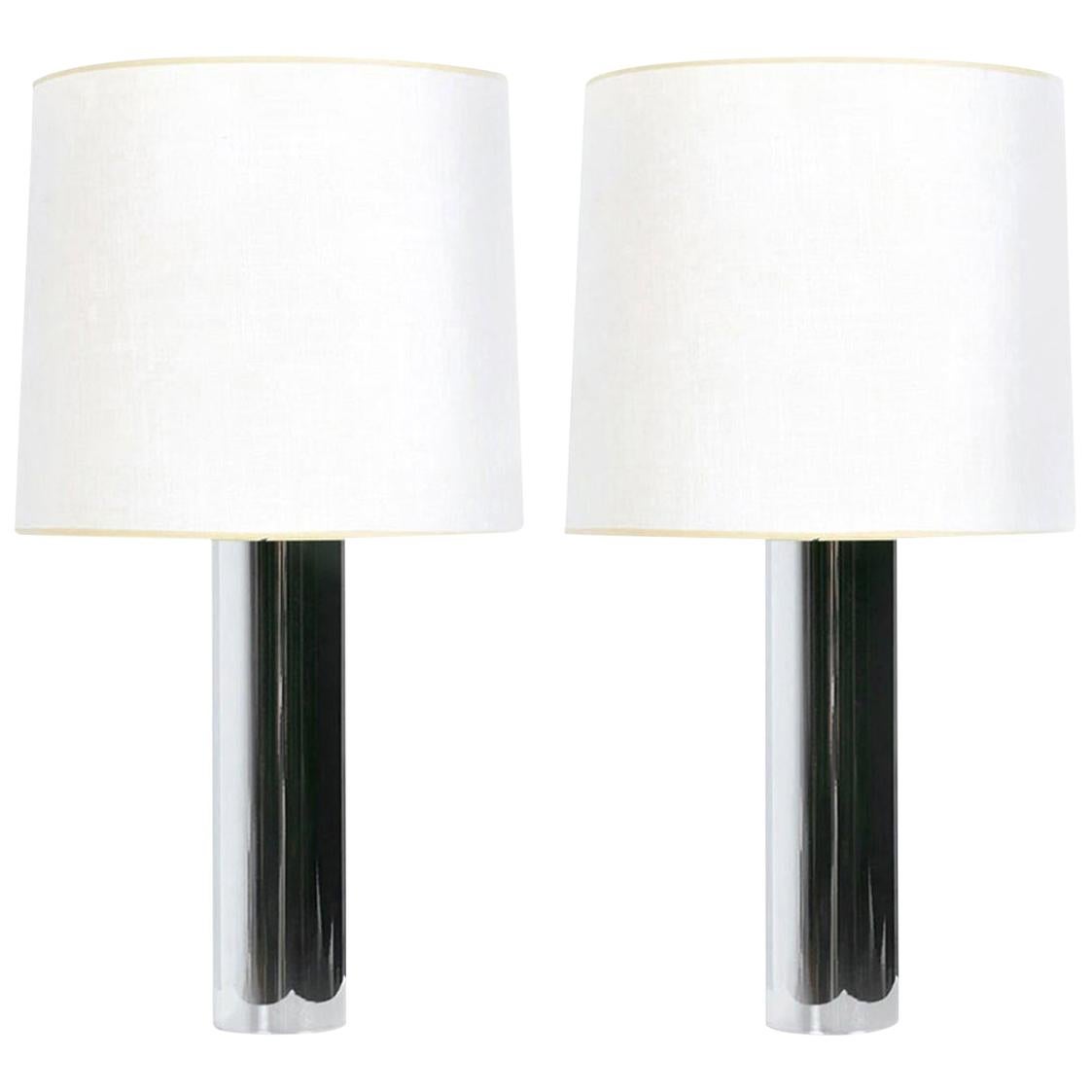 George Kovacs Style Minimalist 1970s Chrome Cylinder Table Lamps with Shades