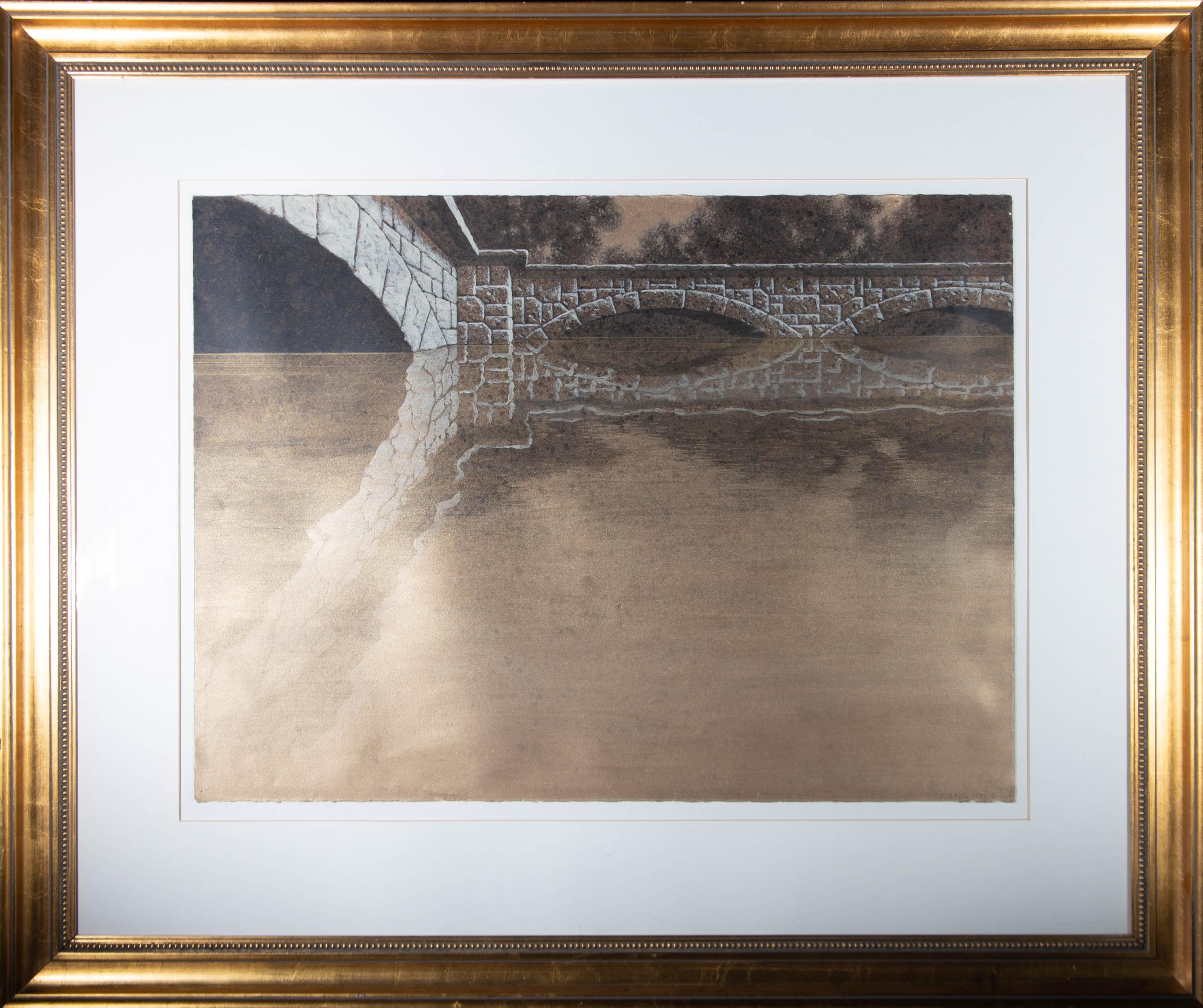 An atmospheric and moody contemporary painting in acrylic wash with gouache details. The image shows a stone bridge with a calm river with a high waterline running beneath. The artist has signed and dated to the lower right corner and the painting