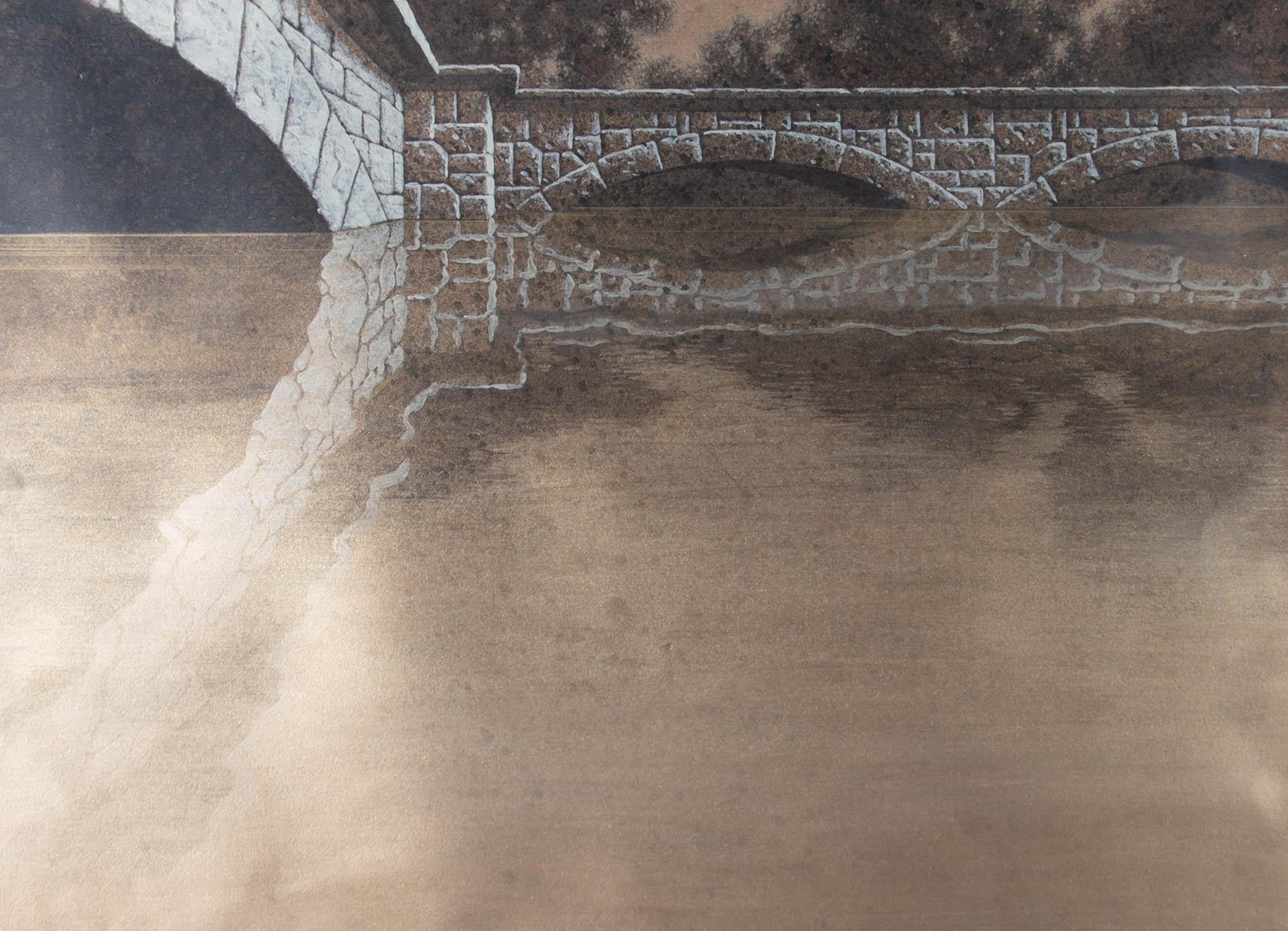 An atmospheric and moody contemporary painting in acrylic wash with gouache details. The image shows a stone bridge with a calm river with a high waterline running beneath. The artist has signed and dated to the lower right corner and the painting