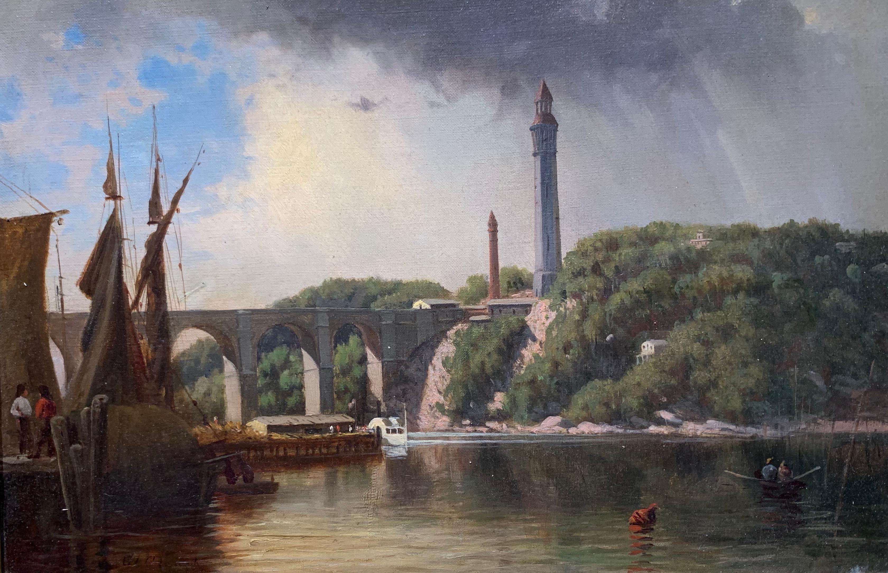 George L. Clough Landscape Painting - High Bridge and Croton Waterworks (Harlem River)