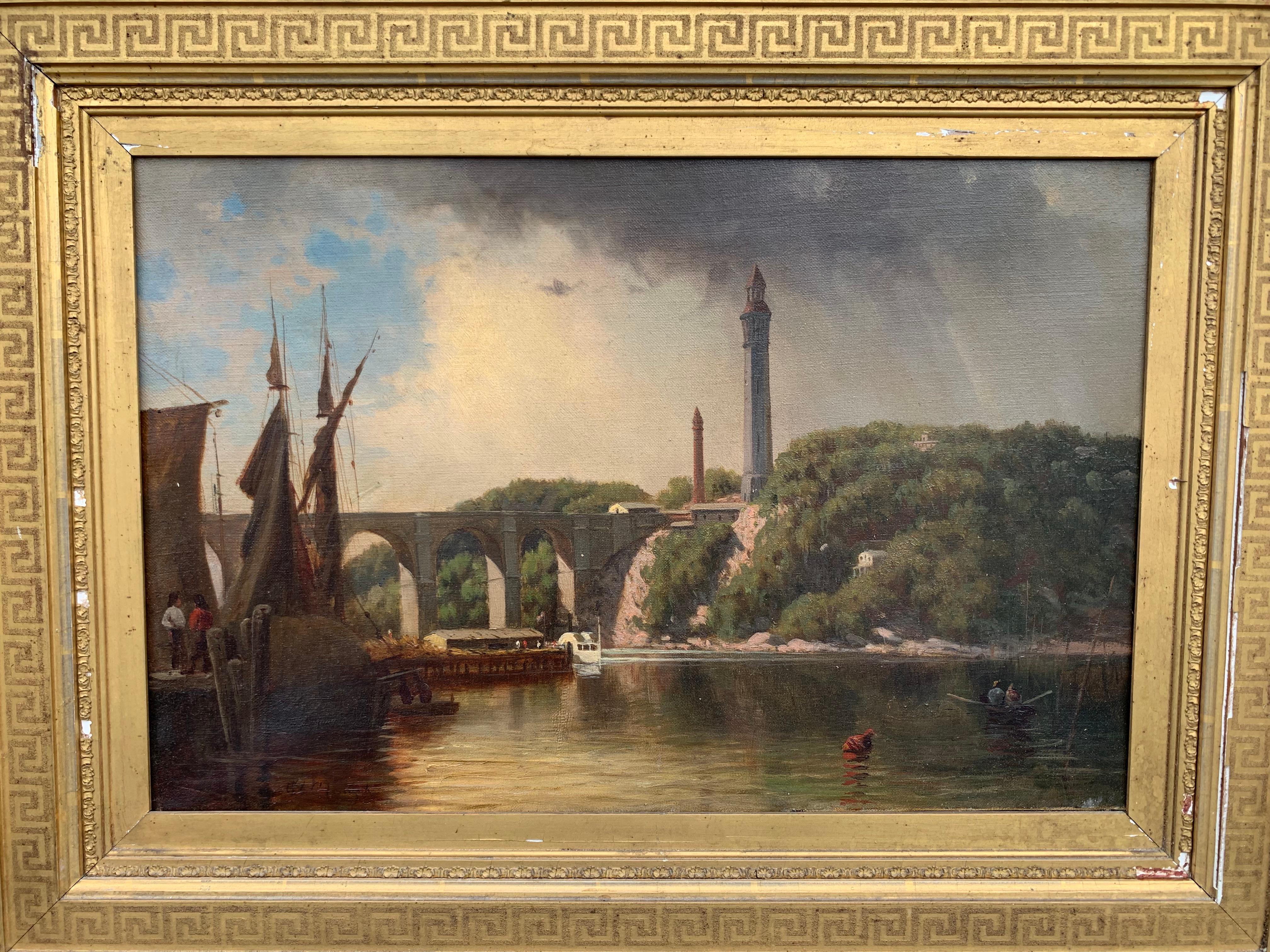 High Bridge and Croton Waterworks (Harlem River) - Painting by George L. Clough