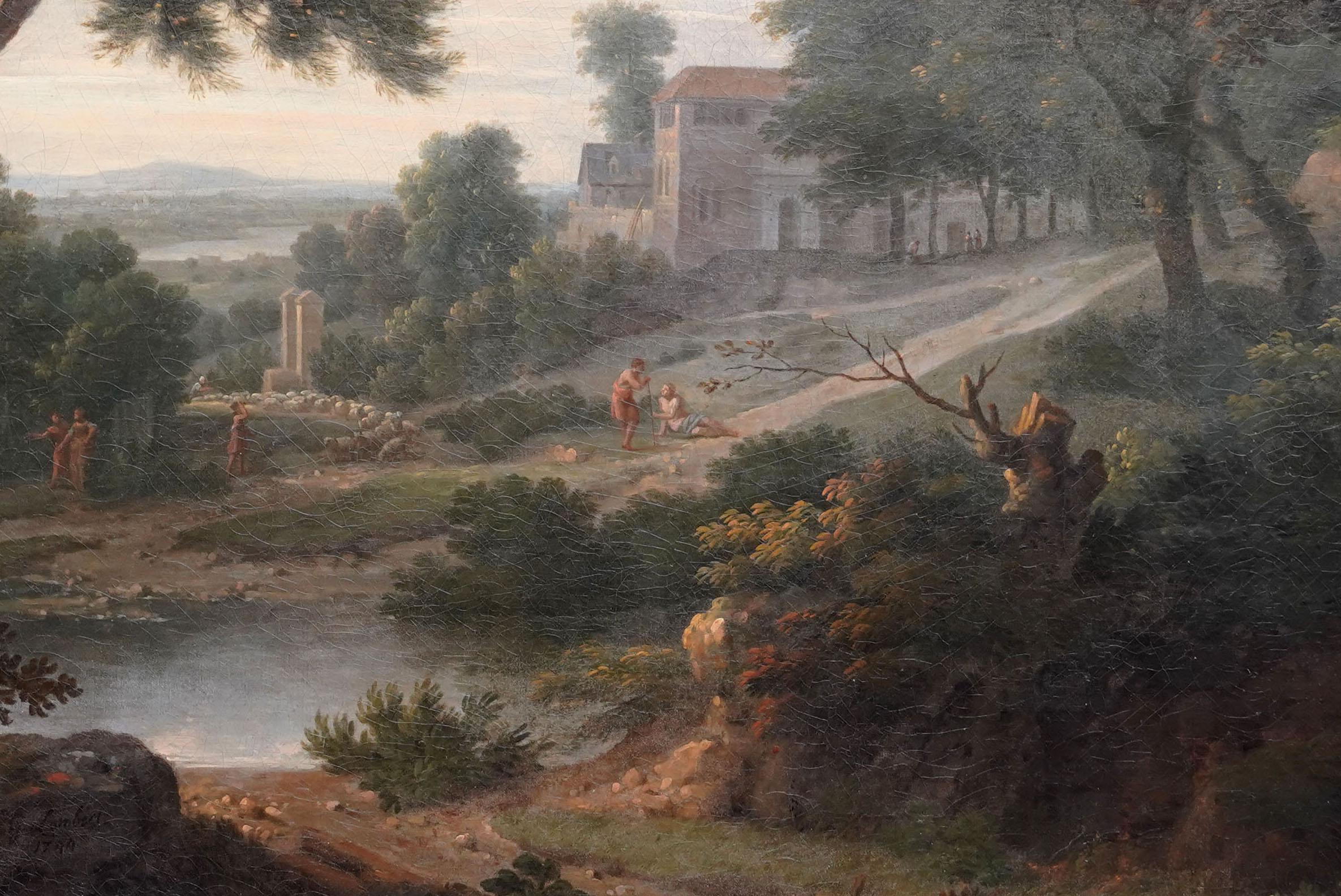 This stunning British Old Master landscape oil painting, with excellent provenance, is by George Lambert. Lambert was a pioneer of British landscape in art for its own sake. Painted in 1744, the painting is entitled View of a Manor House and