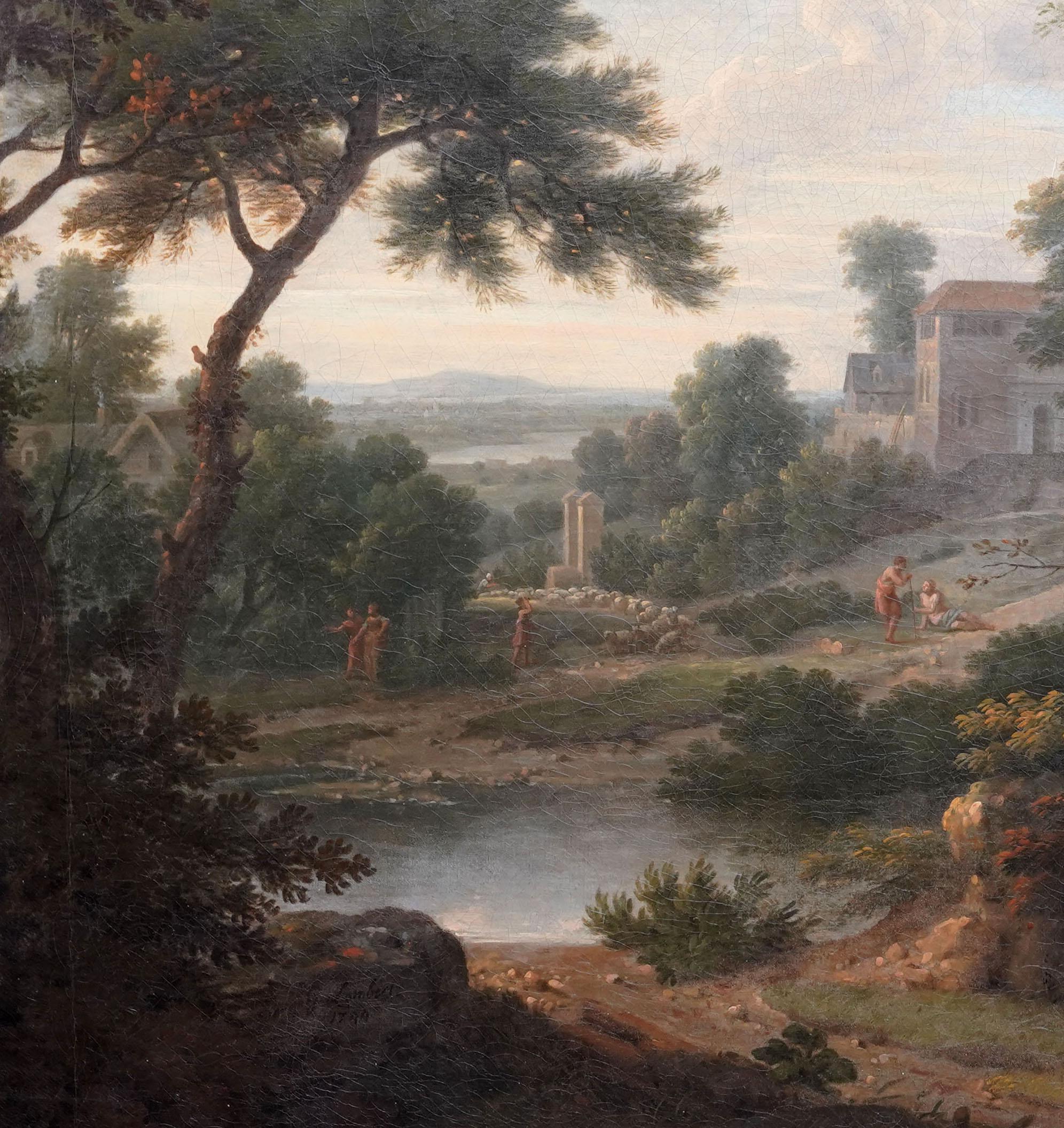 This stunning British Old Master landscape oil painting, with excellent provenance, is by George Lambert. Lambert was a pioneer of British landscape in art for its own sake. Painted in 1744, the painting is entitled View of a Manor House and