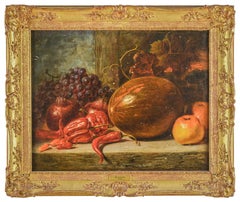 Bodegón británico con pimientos chiles, un melón, uvas