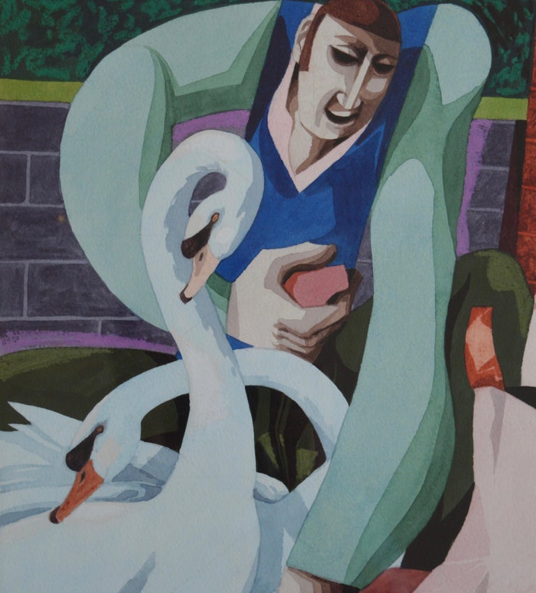 George Large - George Large, Feeding the swans, Cubist art For Sale at ...