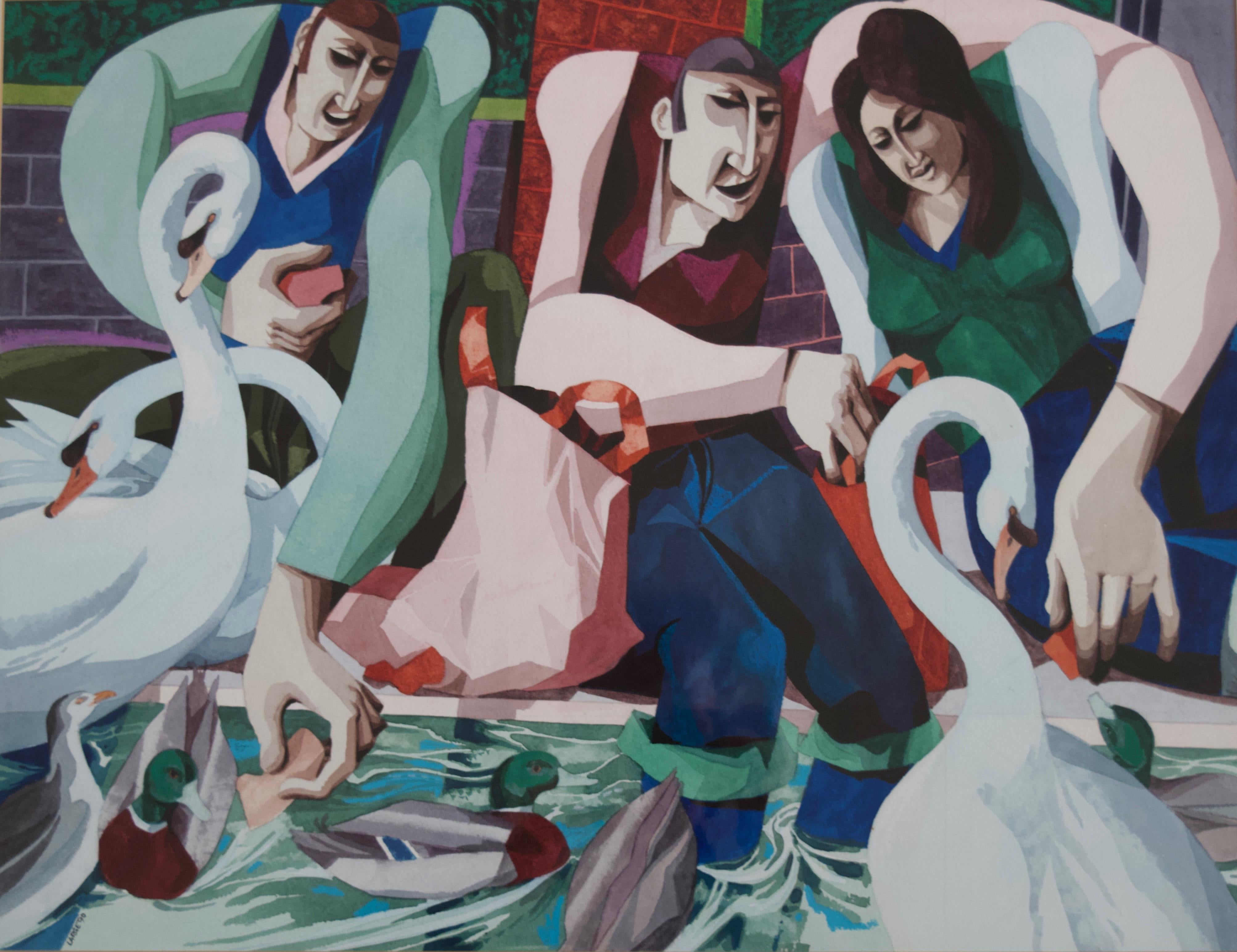 George Large, Feeding the swans, Cubist art