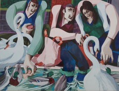 Vintage George Large, Feeding the swans, Cubist art