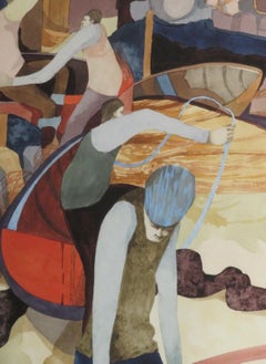 ORIGINAL CUBIST English WATERCOLOUR by George Large RI (1936-) 'BEACHCOMBERS'