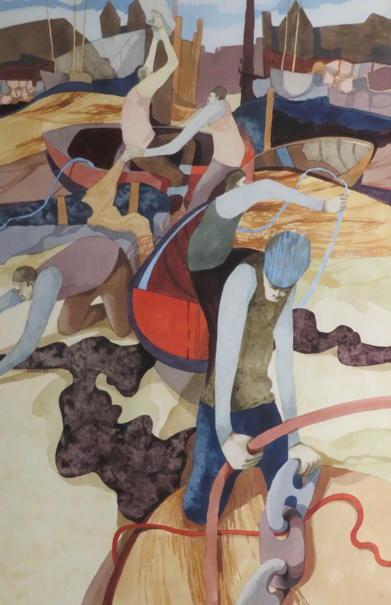 ACUARELA ORIGINAL CUBISTA inglesa de George Large RI (1936-) 'BEACHCOMBERS' 2