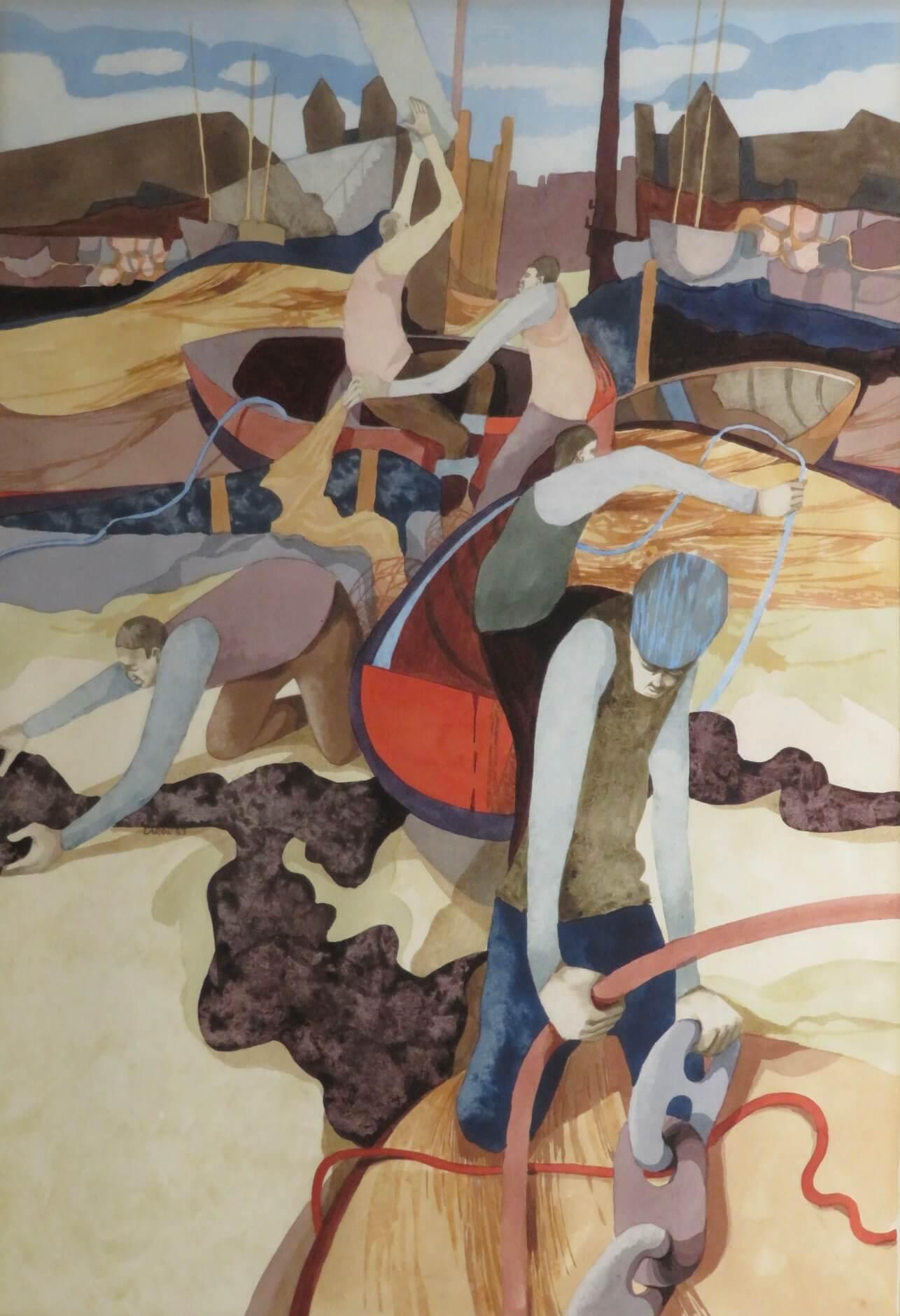 ACUARELA ORIGINAL CUBISTA inglesa de George Large RI (1936-) 'BEACHCOMBERS' 4