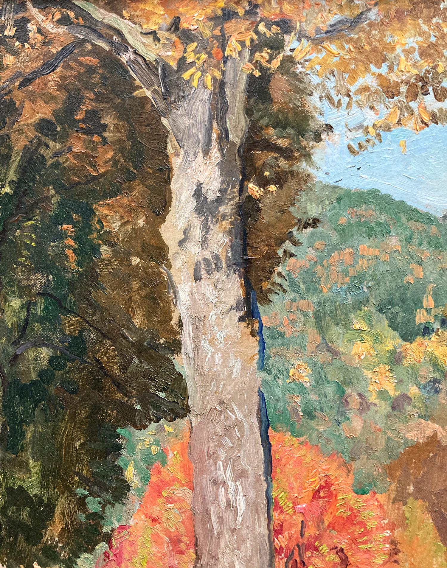 Maravillosa representación de un paisaje otoñal en Kent, Connecticut, de mediados del siglo XX, con árboles hinchados junto al campo. En esta bella representación, encontramos elementos distintivos propios de las obras anteriores de George Lawrence