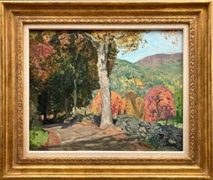 « Automne », peinture à l'huile américaine colorée du milieu du 20e siècle, paysage avec trois