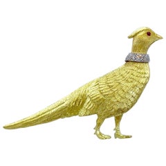 George Lederman 18 Karat Yellow Gold Pheasant Brooch with Diamond Collar