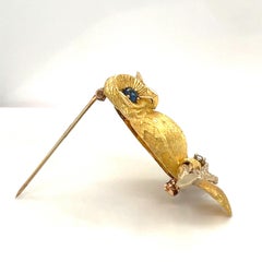 George Lederman 18kt Yellow Gold Owl Brooch with Blue Sapphire Eyes & Diamond