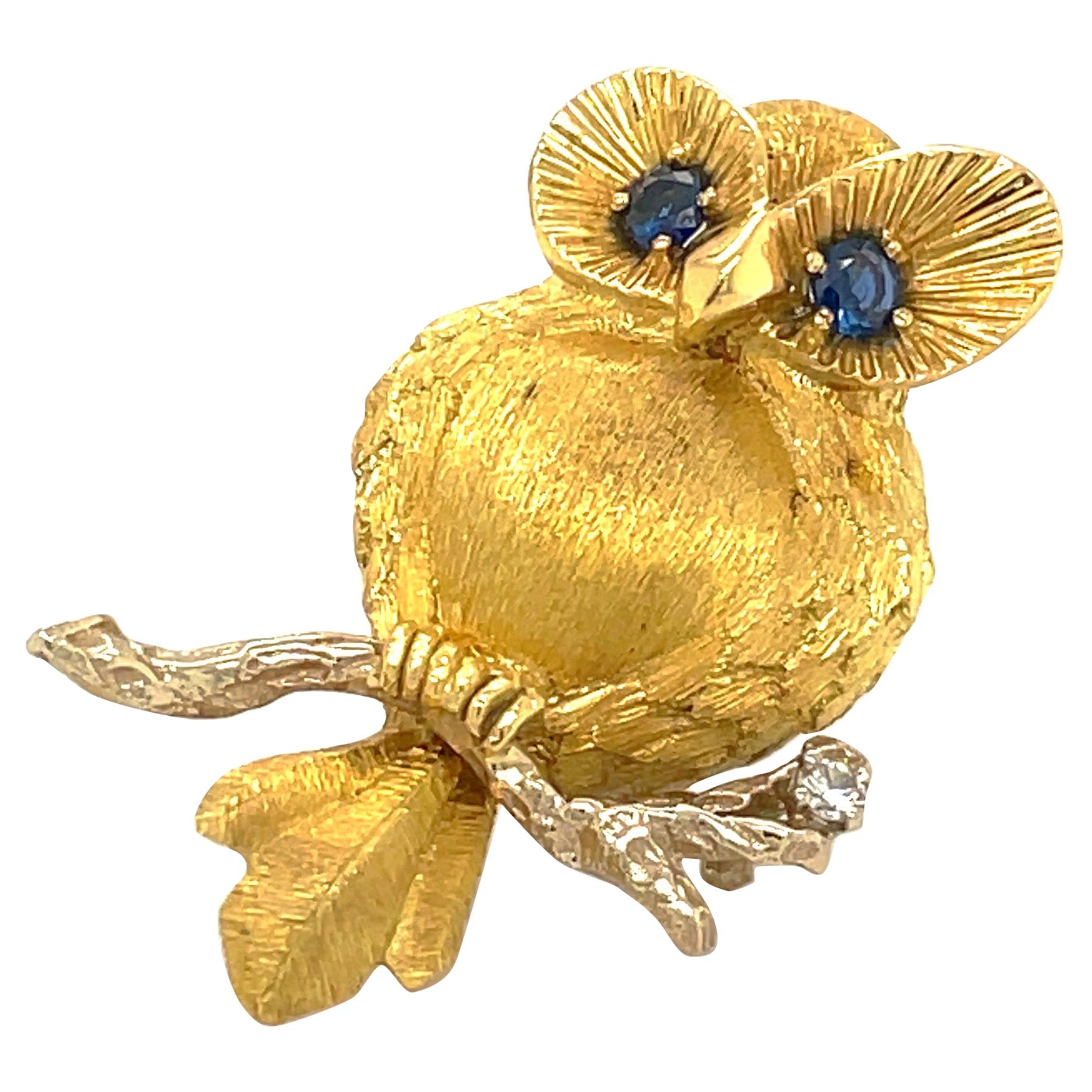 George Lederman 18kt Yellow Gold Owl Brooch with Blue Sapphire Eyes & Diamond