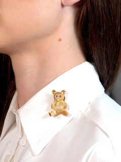 George Lederman 1960's Ruby Diamond 18K Yellow Gold Vintage Teddy Bear Brooch