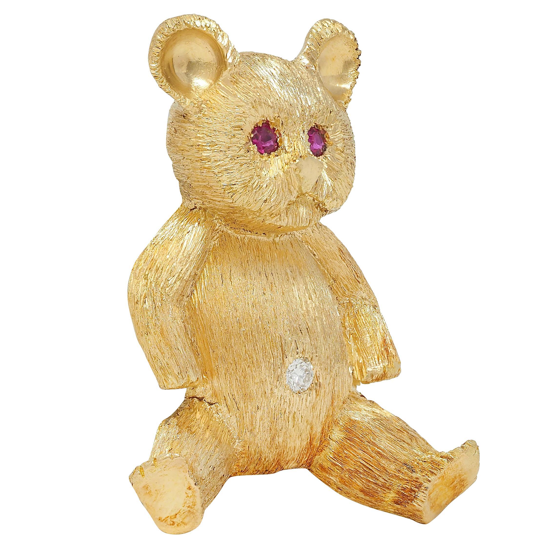 Modern George Lederman 1960's Ruby Diamond 18K Yellow Gold Vintage Teddy Bear Brooch For Sale