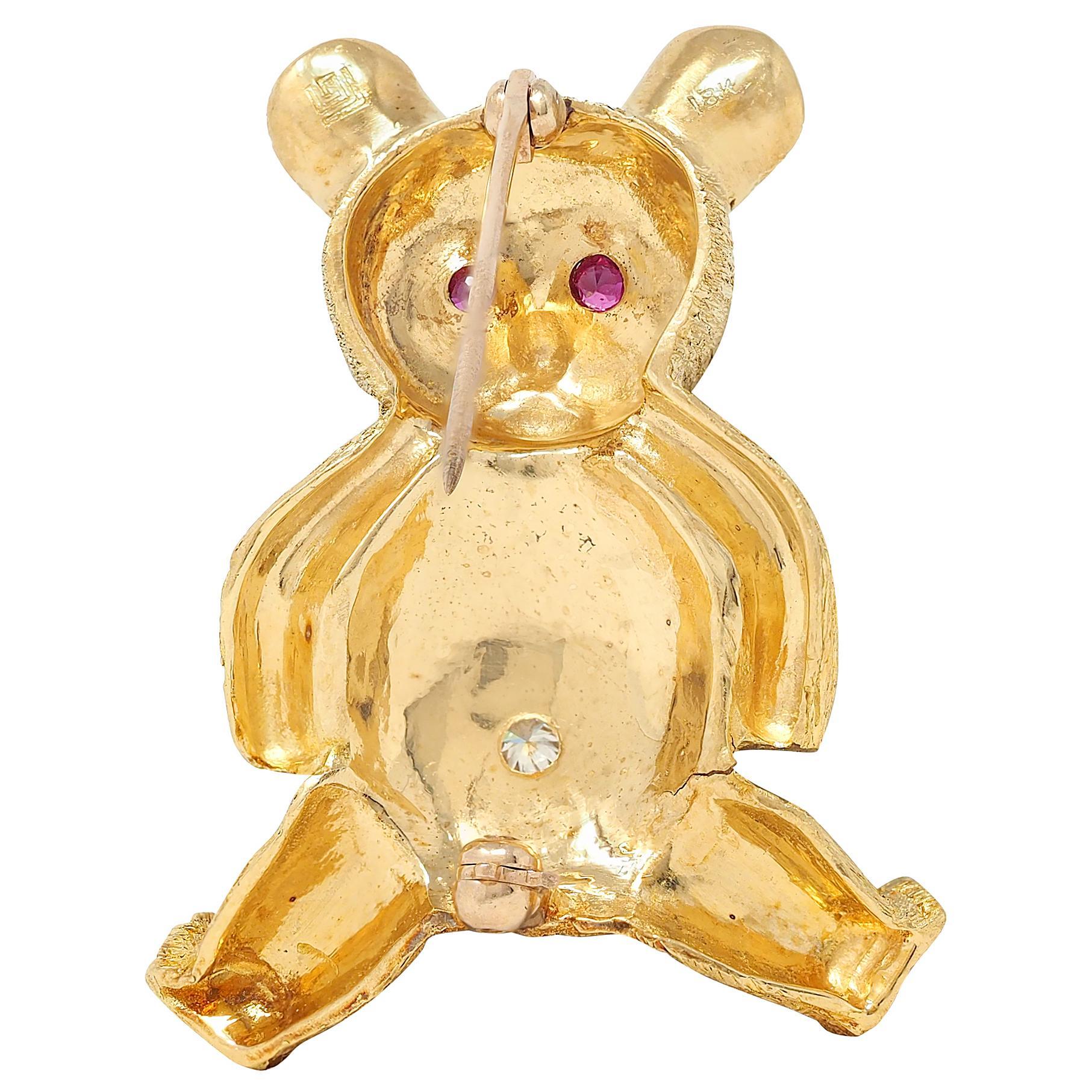 Women's or Men's George Lederman 1960's Ruby Diamond 18K Yellow Gold Vintage Teddy Bear Brooch For Sale