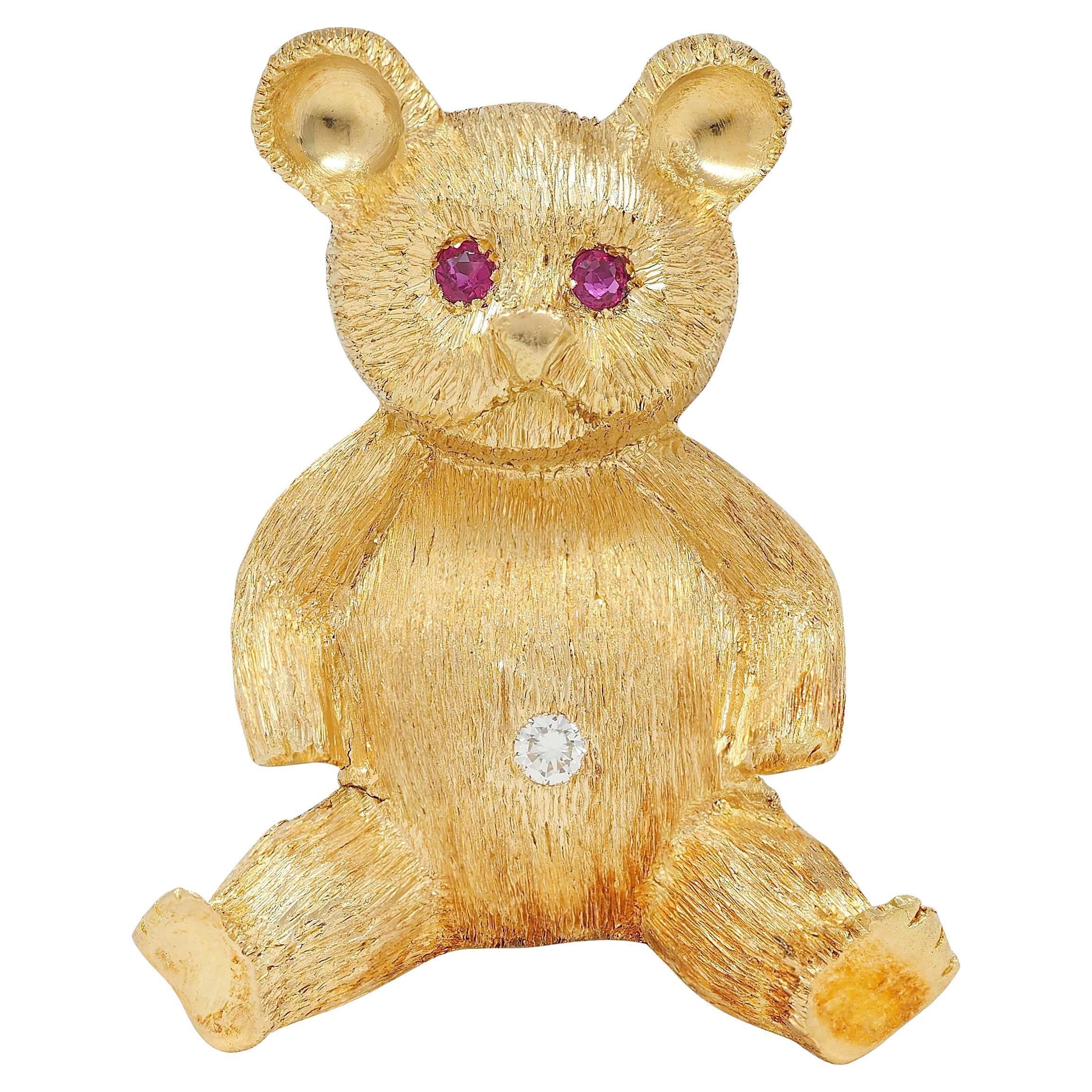 George Lederman 1960's Ruby Diamond 18K Yellow Gold Vintage Teddy Bear Brooch