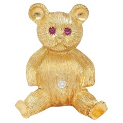 George Lederman 1960's Ruby Diamond 18K Yellow Gold Vintage Teddy Bear Brooch