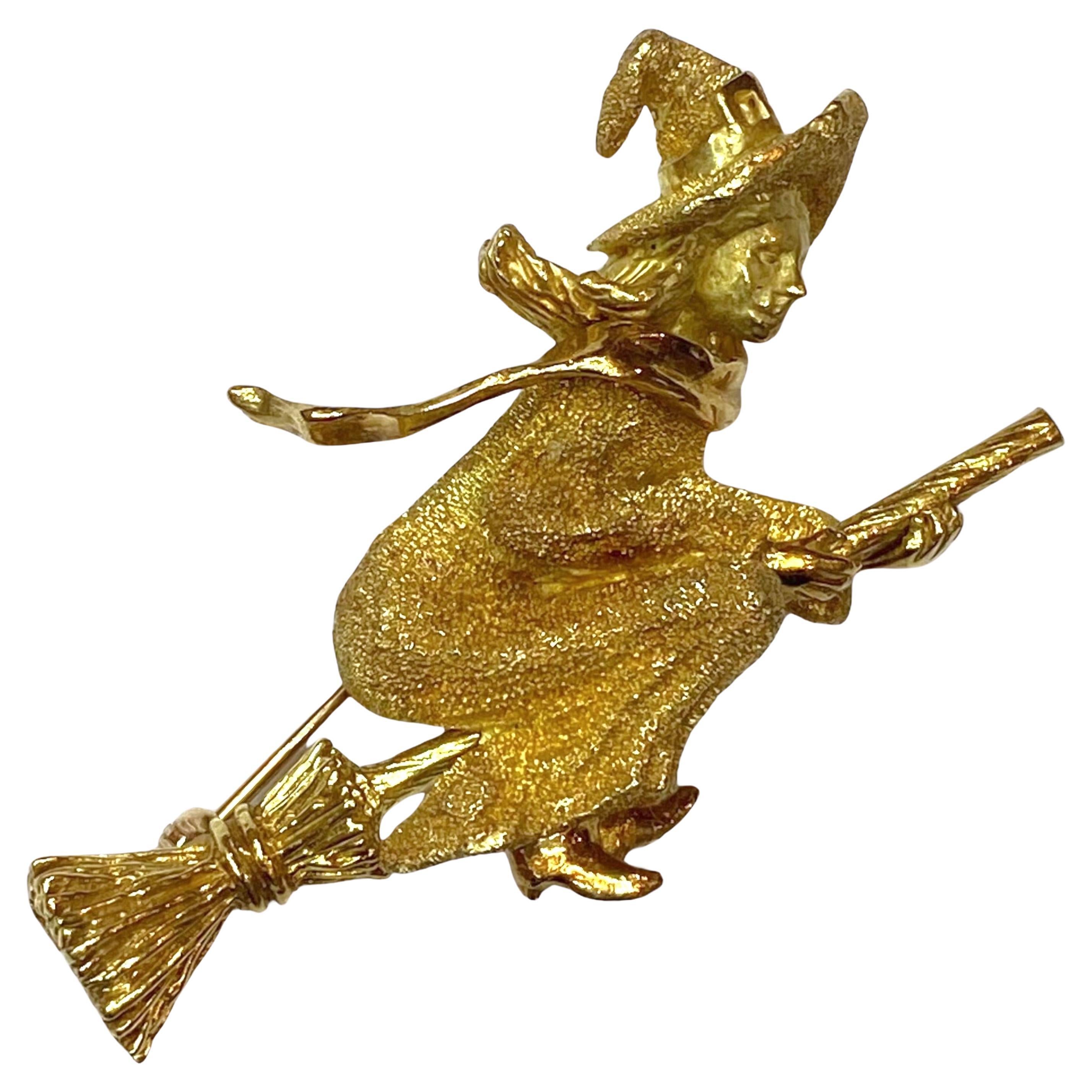 George Lederman Vintage 18K Witch on Broomstick Brooch