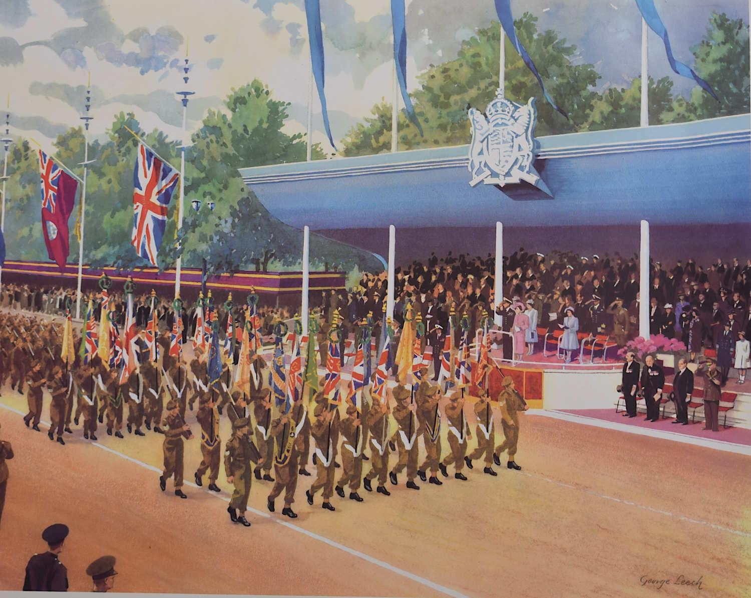 George Leech
Victory procession down the mall, 1946
Lithograph

For Macmillan's History Pictures, c. 1960
43 x 54 cm 

This colourful lithograph, dating from 1960, depicts a momentous parade down the mall, held as part of the London Victory