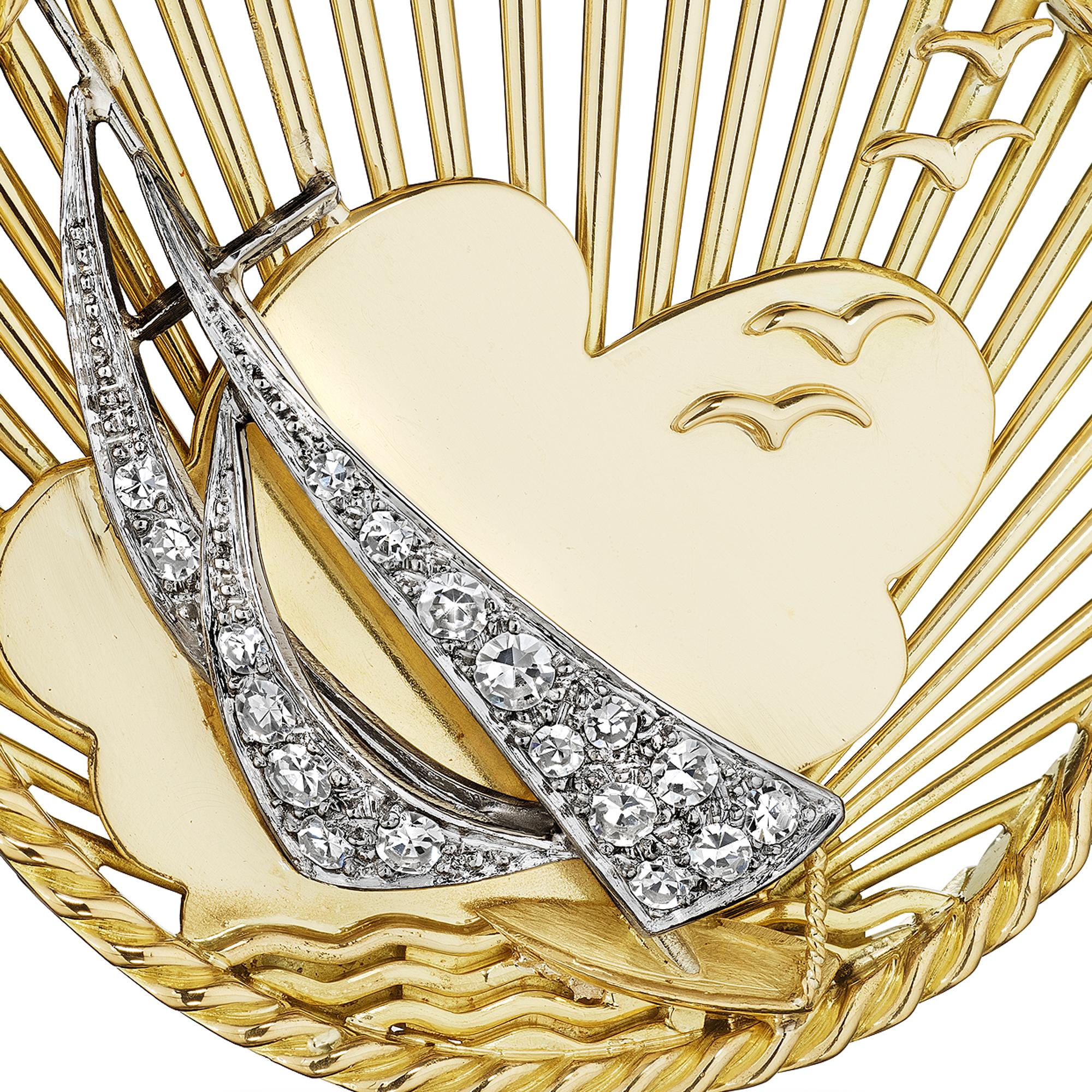 Sail away with this George L'Enfant Tiffany & Co. France mid-century diamond 18 karat yellow gold pendant necklace.  With a diamond sailboat heeling among soaring seagulls and sunlit clouds, this charm will bring you all clear skies.  Signed Tiffany