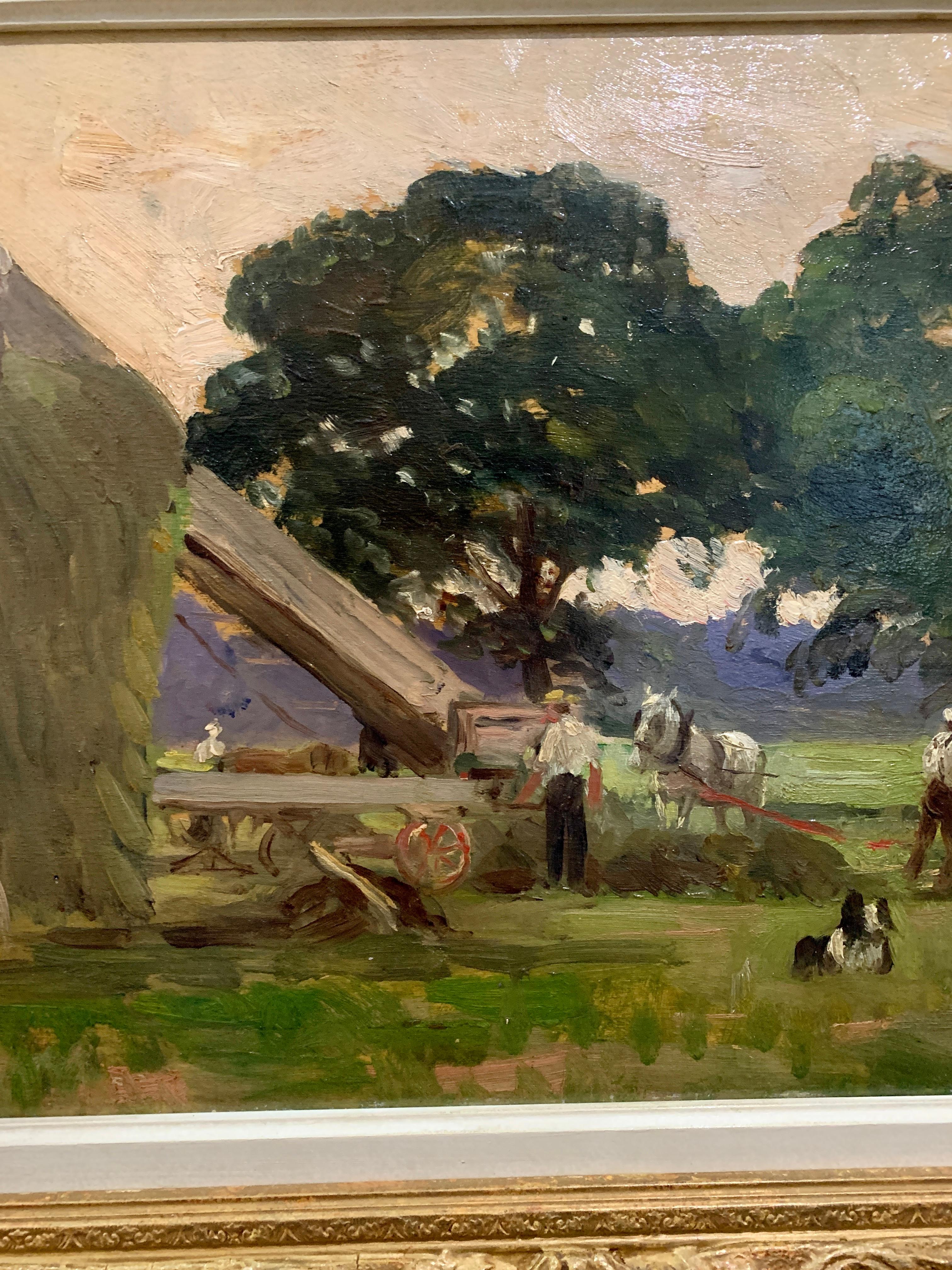 English antique Impressionist landscape with figures harvesting, horses, dogs - Painting by George Léon Little 