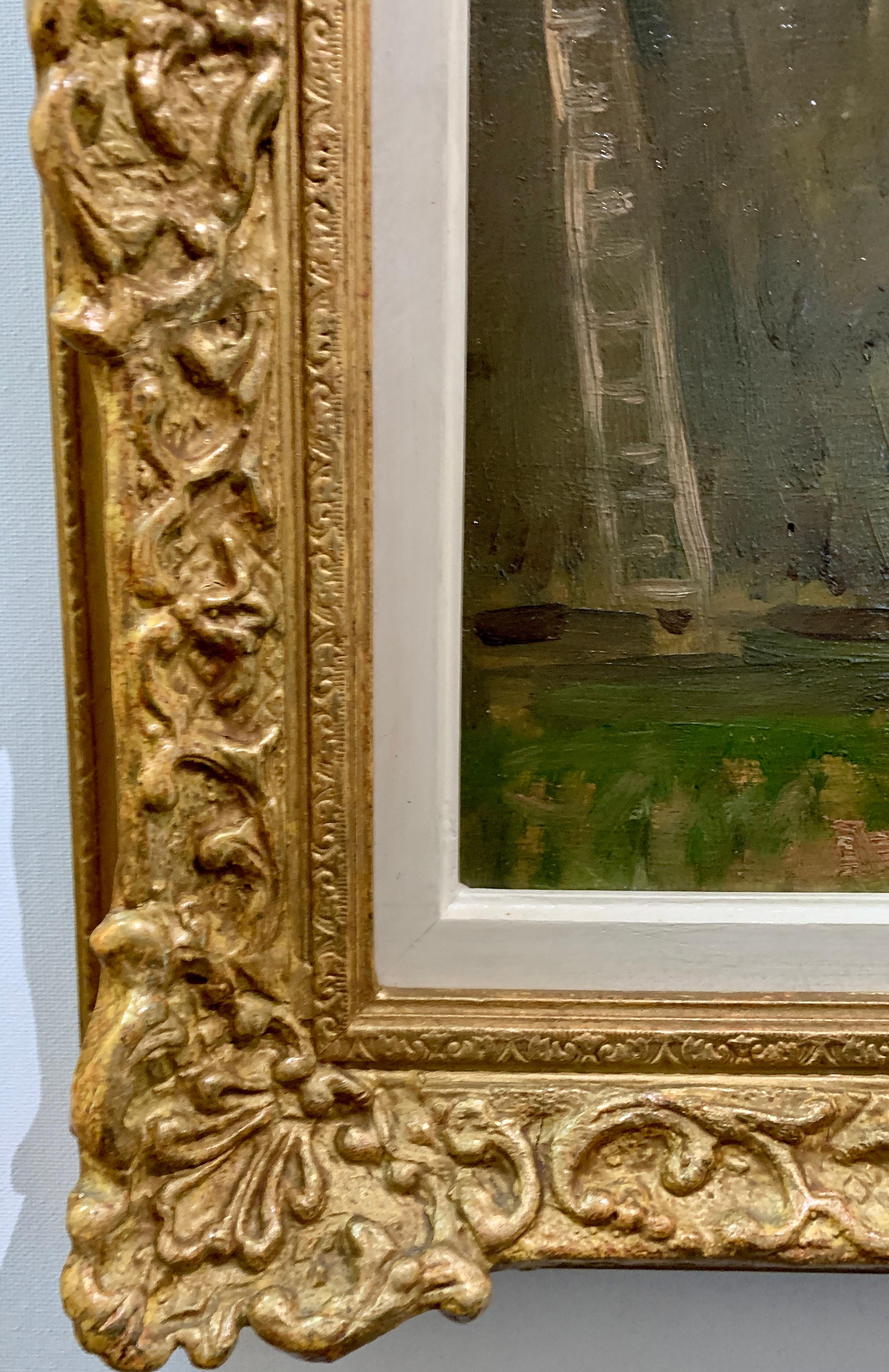 English antique Impressionist landscape with figures harvesting, horses, dogs 1