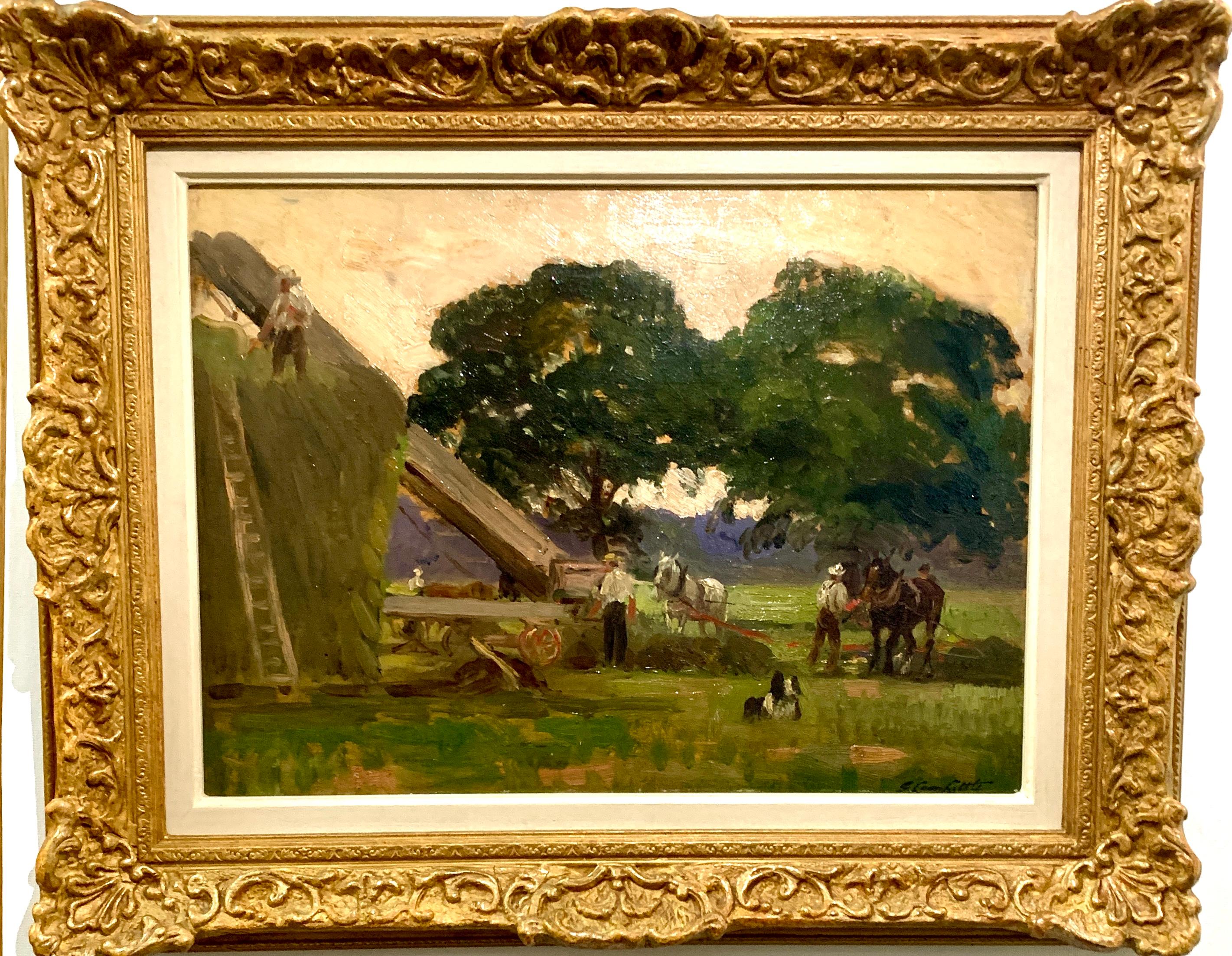 George Léon Little  Landscape Painting - English antique Impressionist landscape with figures harvesting, horses, dogs 