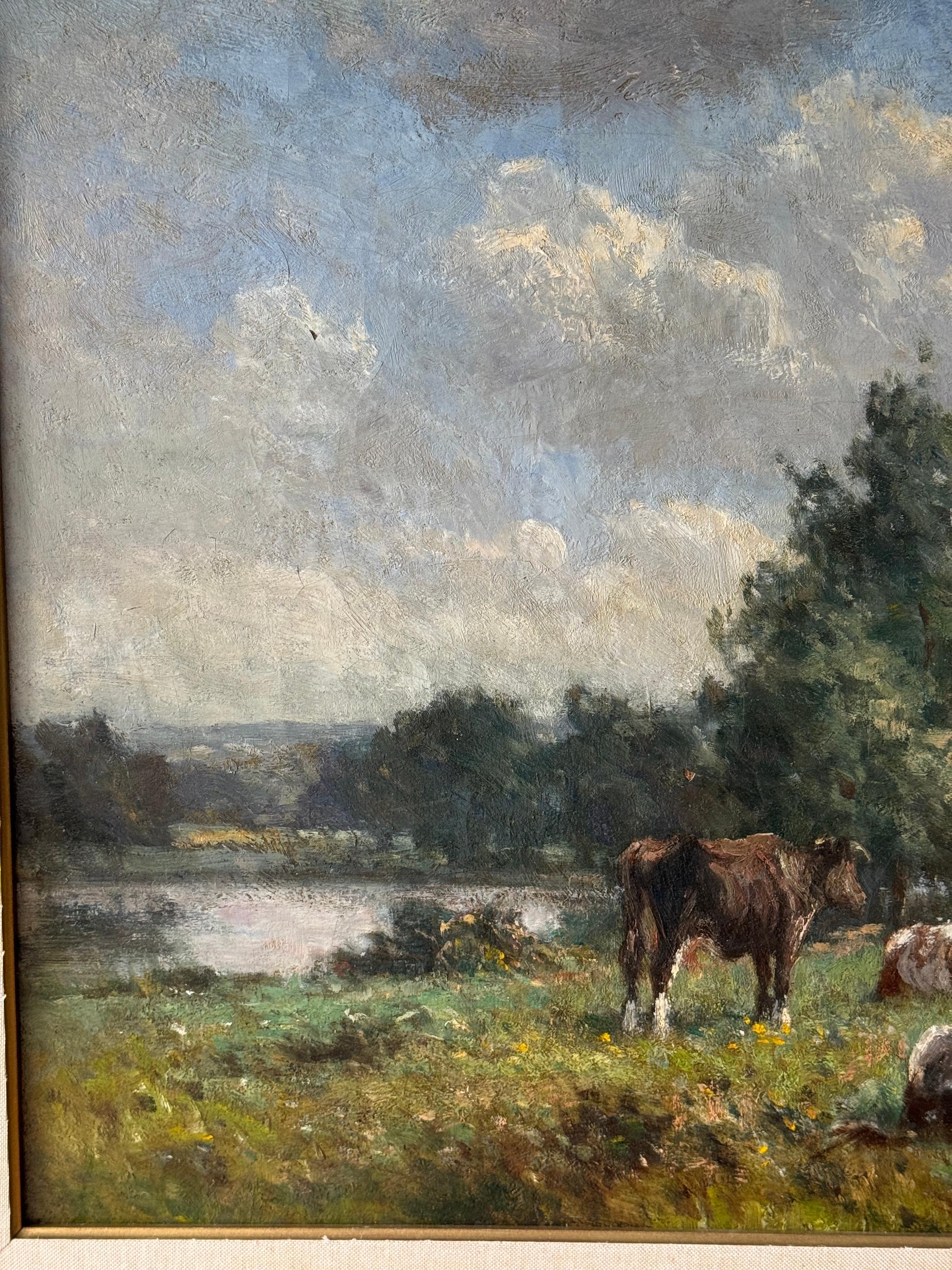 Paisaje impresionista inglés con vacas y árboles en verano - Painting Impresionista de George Léon Little 