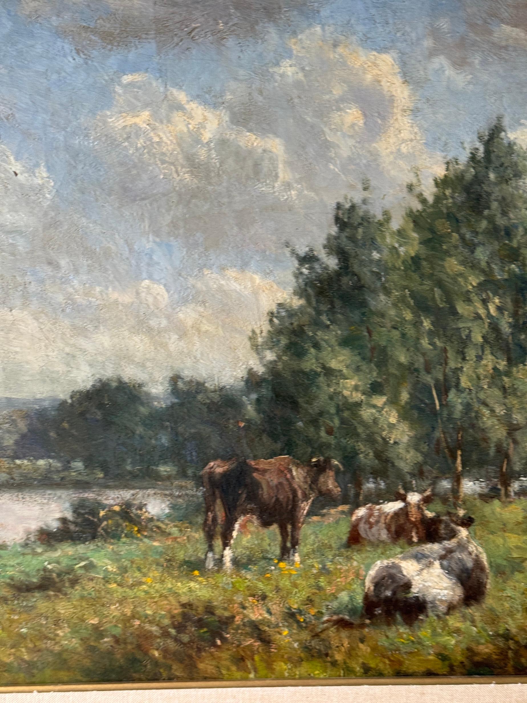 Paisaje impresionista inglés con vacas y árboles en verano - Figurative Painting Marrón de George Léon Little 