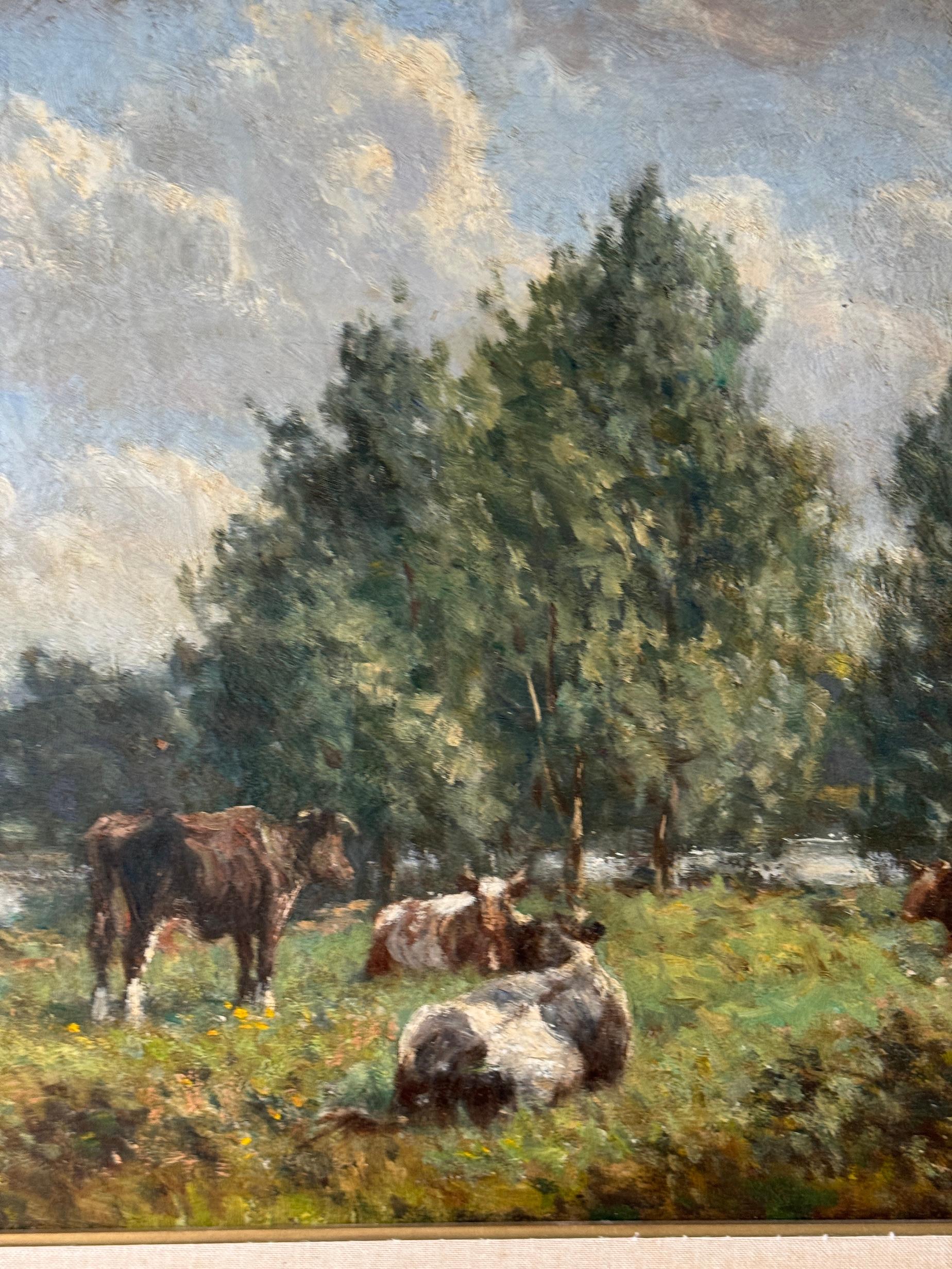George Leon Little (1862-1941)
Paisaje English Impressionist con Ganado
Óleo sobre lienzo, hacia 1910
Presentado en un marco de composición dorado ornamentado 

Esta tranquila escena pastoral, pintada por el English Impressionist George Leon Little,