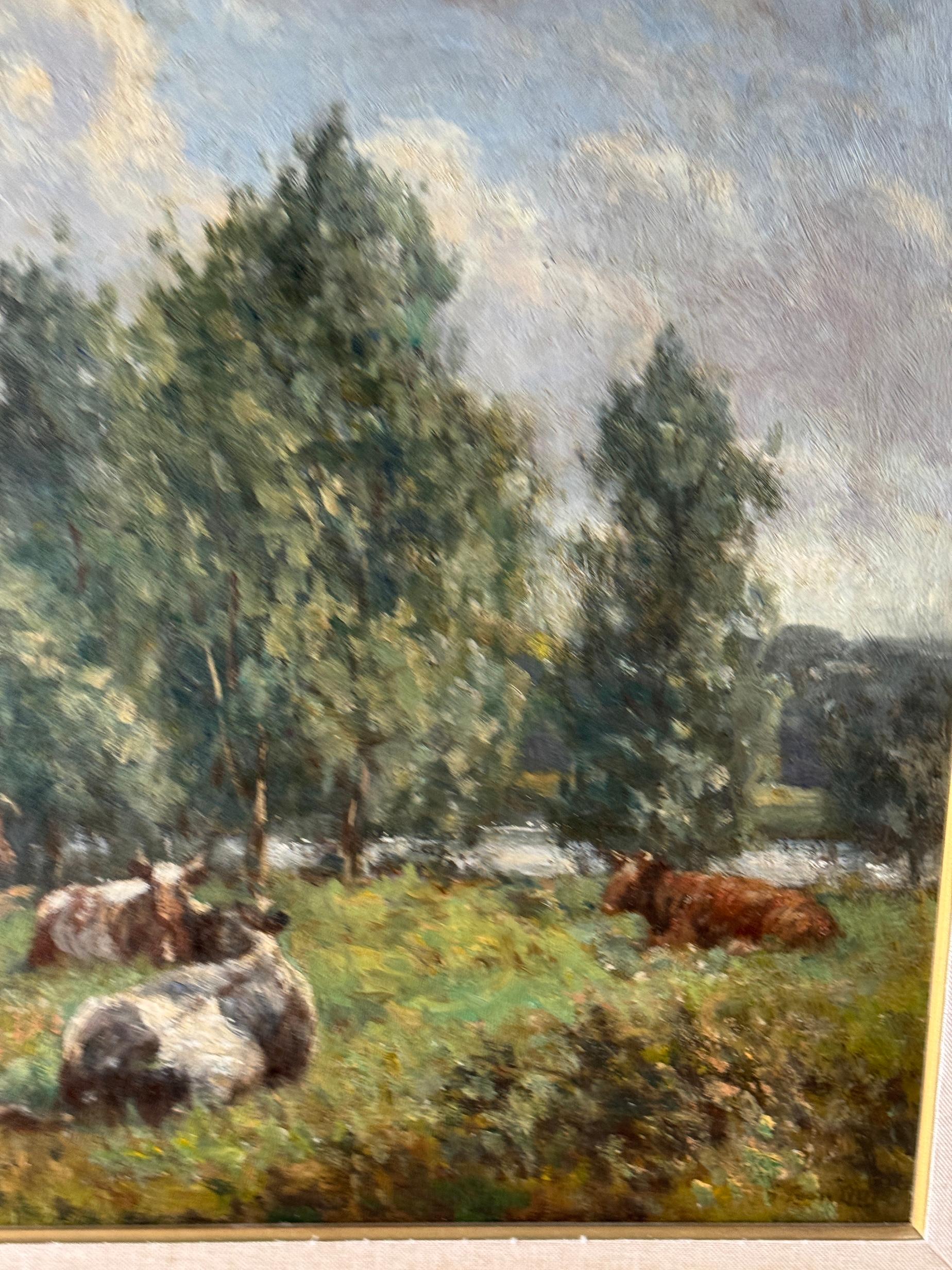 Paisaje impresionista inglés con vacas y árboles en verano en venta 1