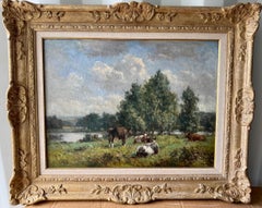 Paesaggio English Impressionist con mucche e alberi durante l'estate