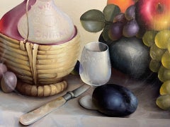 Mid Twentieth Century Still Life of Fruits and Wine Carafe Large Oil Painting