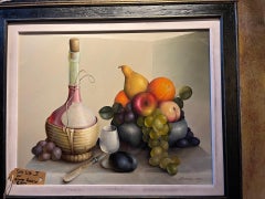 Vintage Still Life of Fruits and Wine Carafe Large Framed Oil Painting