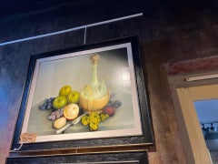 Vintage Still Life of  various Fruits and Wine Carafe Large Framed Oil Painting