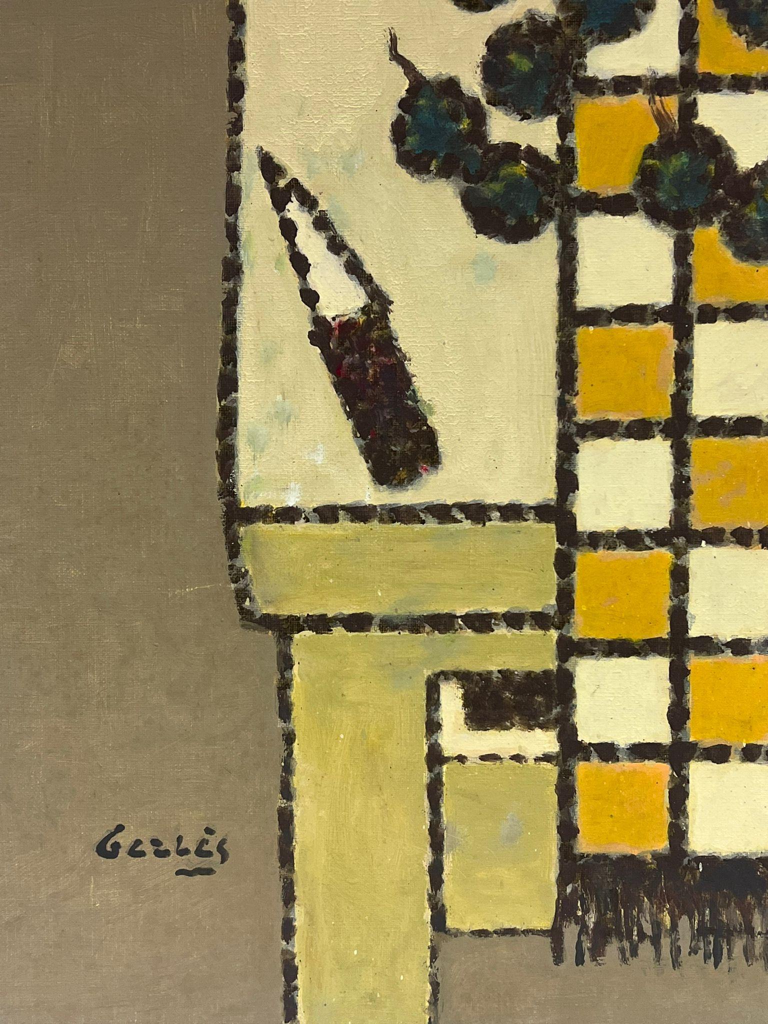 Gran óleo francés modernista firmado Paleta amarilla beige Interior de cocina en venta 2