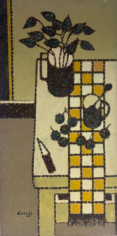 Grande peinture à l'huile française moderniste signée représentant un intérieur de cuisine en palette jaune et beige