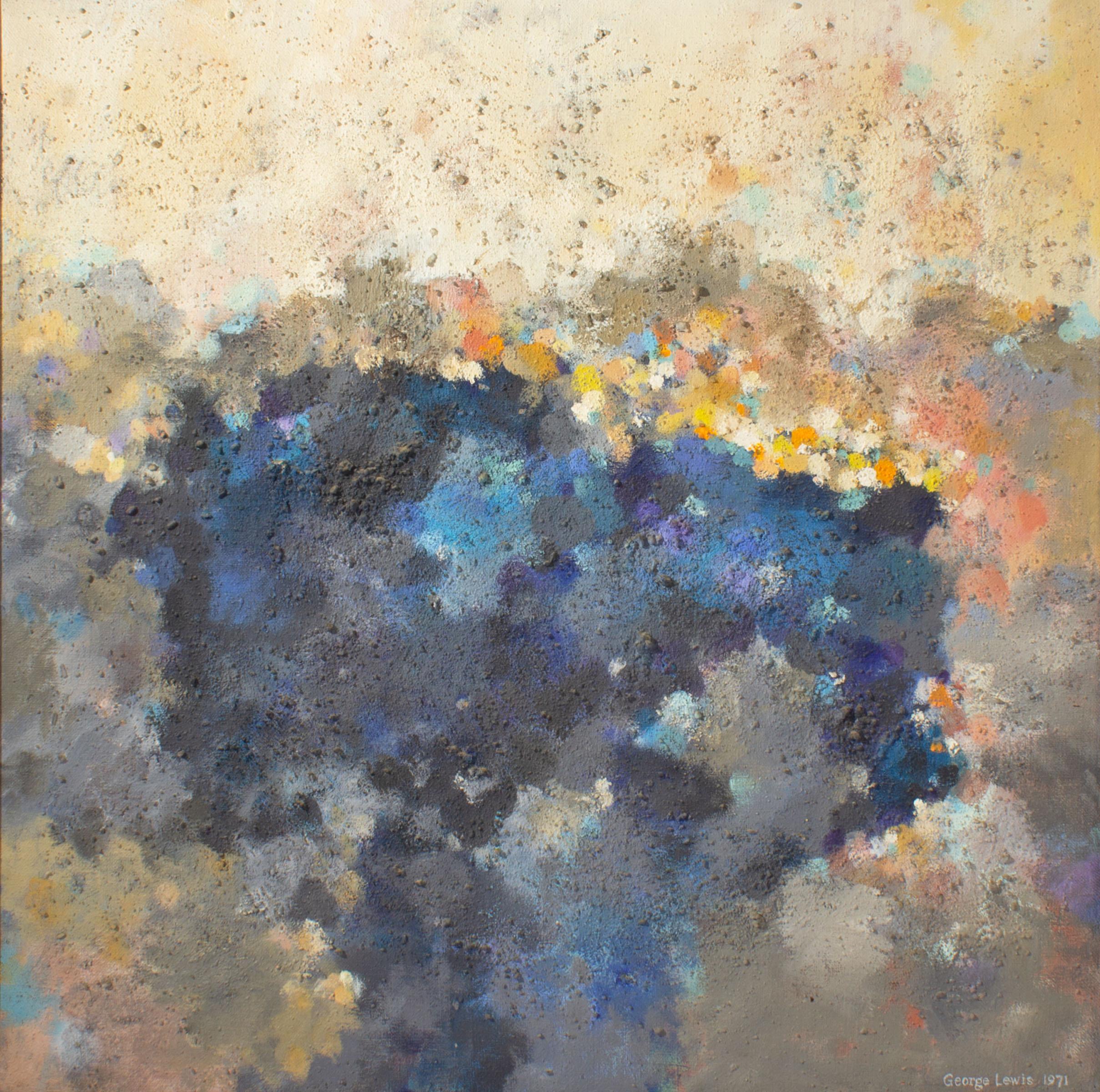 A 1971 oil on canvas abstract painting by American Contemporary artist George Lewis. This textured abstract composition depicts clouds of color that meld together. Blue, black, and gray forms populate the center of the piece and transform into dabs