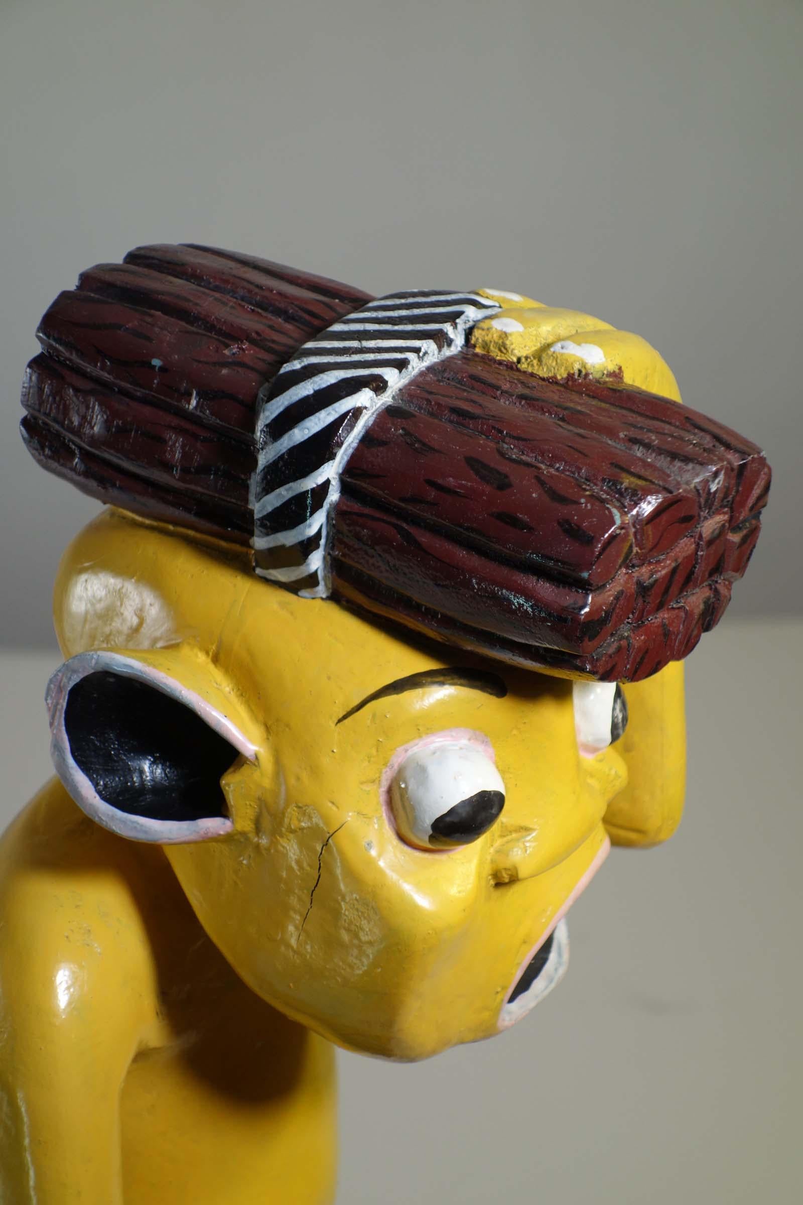 George Lilanga African Art Yellow Figure Wood Enamel Sculpture For Sale 3