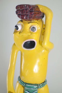 George Lilanga African Art Yellow Figure Wood Enamel Sculpture