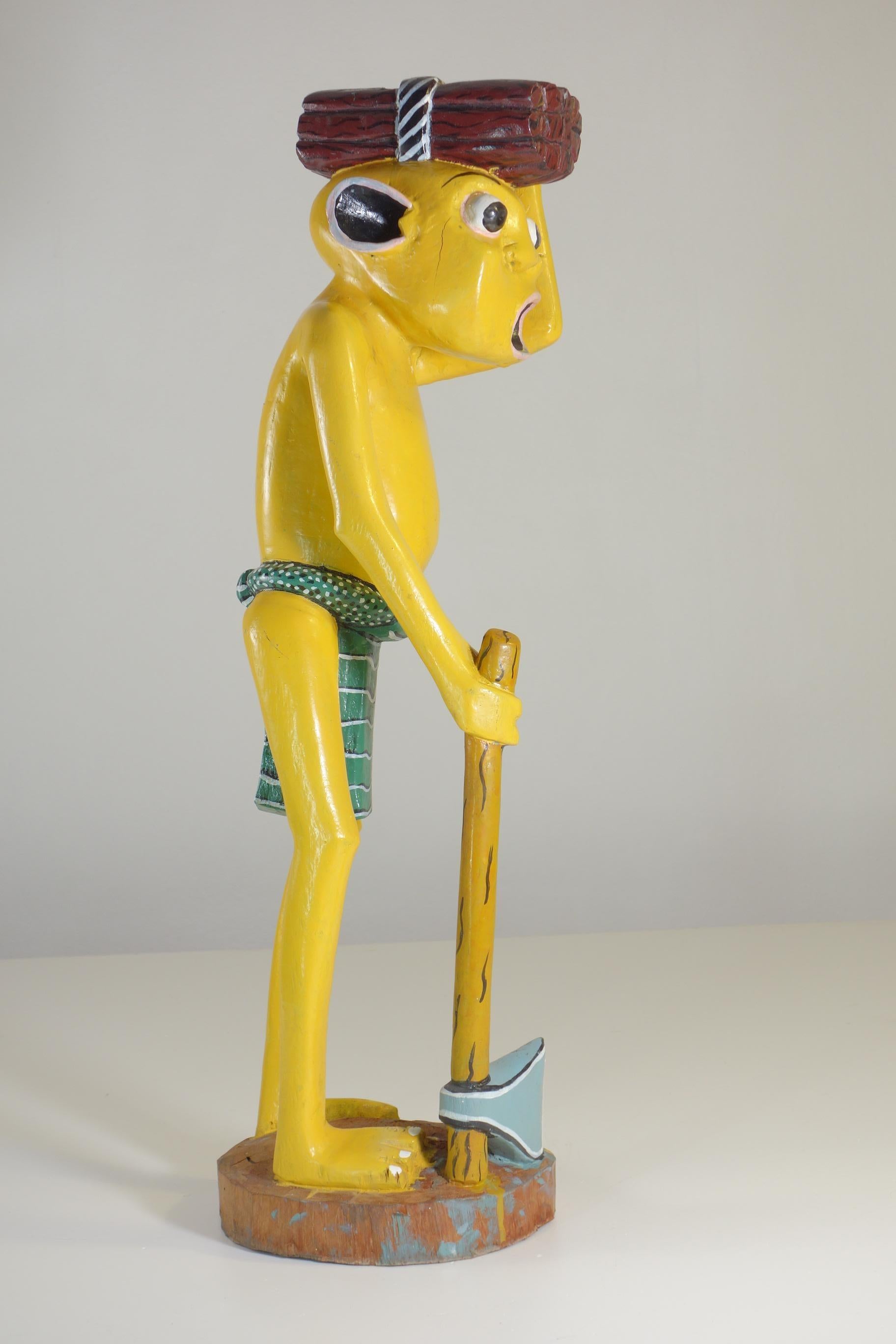 Tribal George Lilanga African Art Yellow Figure Wood Enamel Sculpture For Sale
