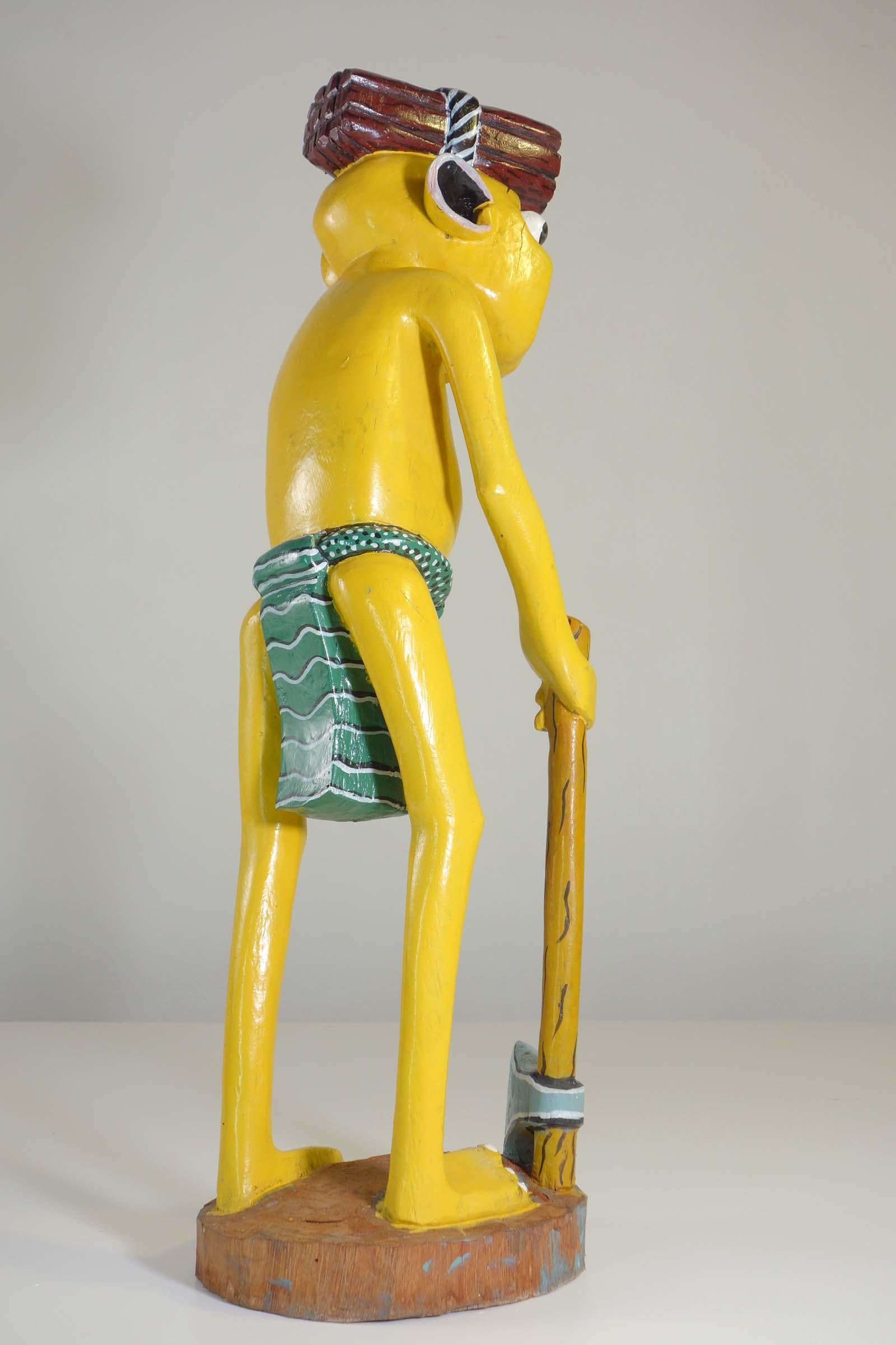 Enameled George Lilanga African Art Yellow Figure Wood Enamel Sculpture For Sale